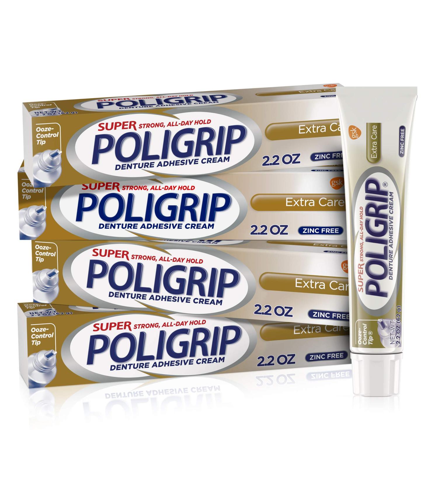 Super Poligrip Extra Care Denture Adhesive Cream - 2.2 oz (Pack of 4) | Zinc-Free Denture Cream - Buy Online on GoSupps.com