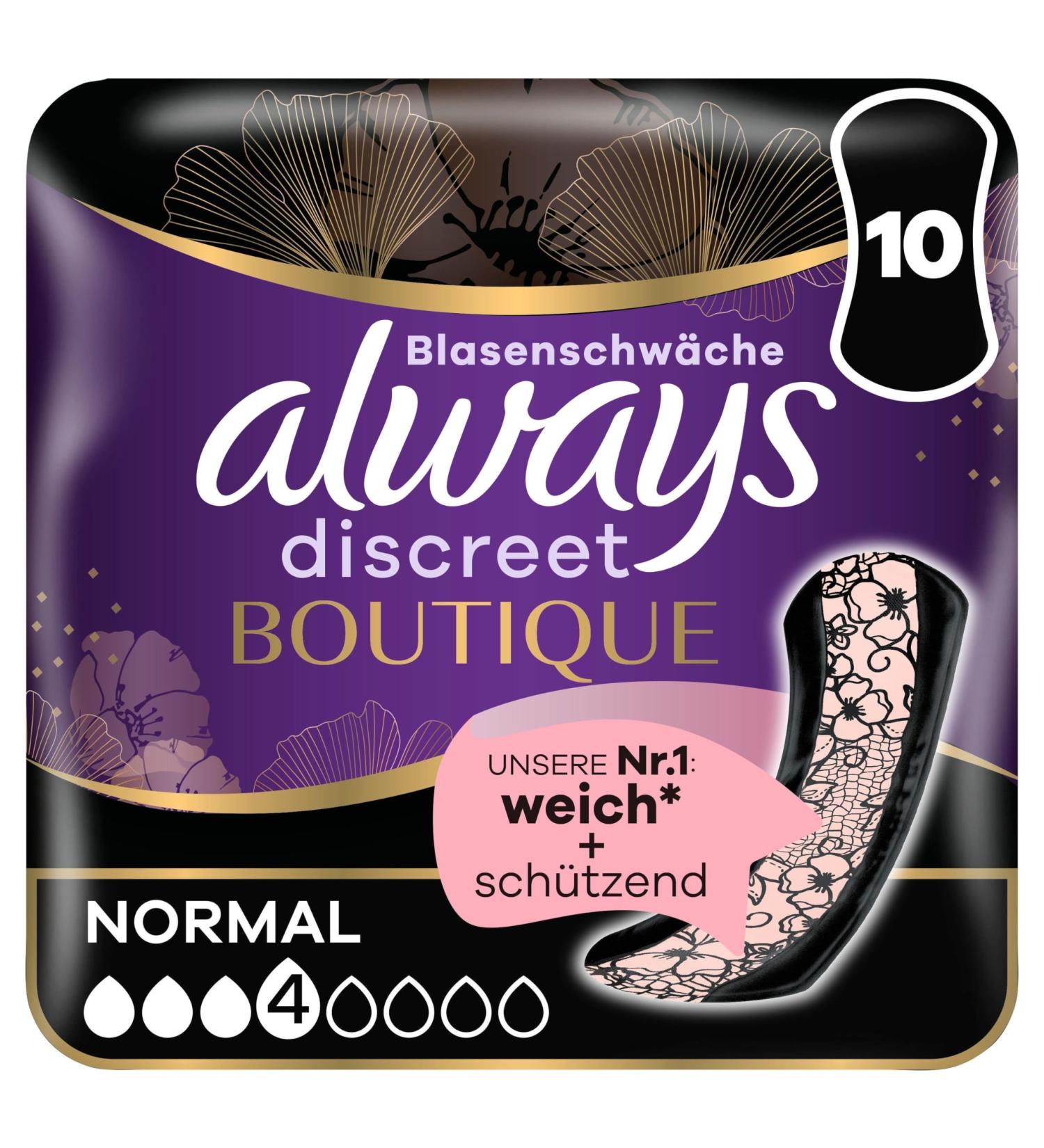 Buy Always Discreet Boutique Incontinence Products - Safe Protection for Bladder Weakness | 10 Pieces (1 Pack) - Discreet & Odor-Neutralizing Design - Buy Online on GoSupps.com