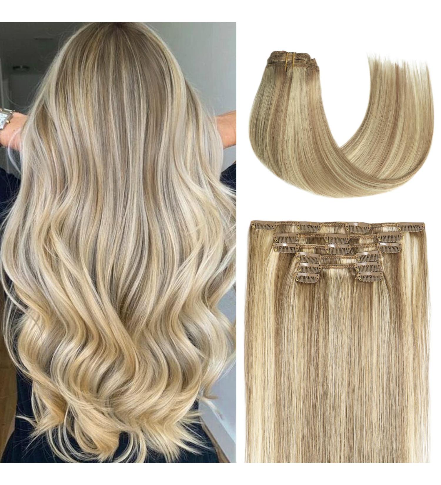 Honsoo Real Human Hair Clip In Balayage Hair Extensions | 15 Inch Mixed Bleach Blonde | 7pcs 70g Straight Silky Blonde Extensions for Women - Buy Online on GoSupps.com