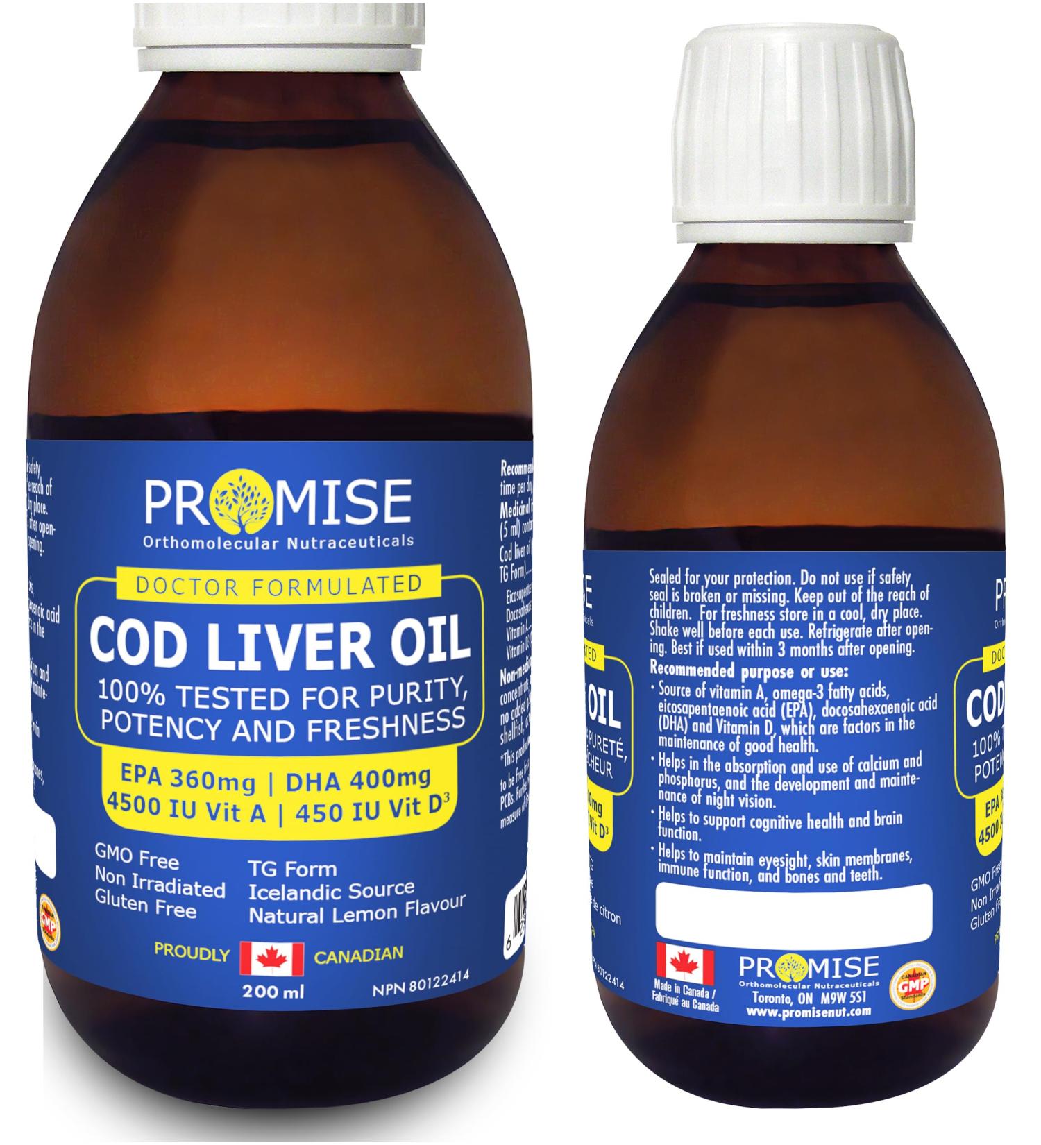 200ml (6.8oz) Cod Liver Oil 100% Tested for Purity Potency and Freshness EPA 360mg | DHA 400mg 4500 IU Vit A | 450 IU Vit D3 Made in Canada - Buy Online on GoSupps.com