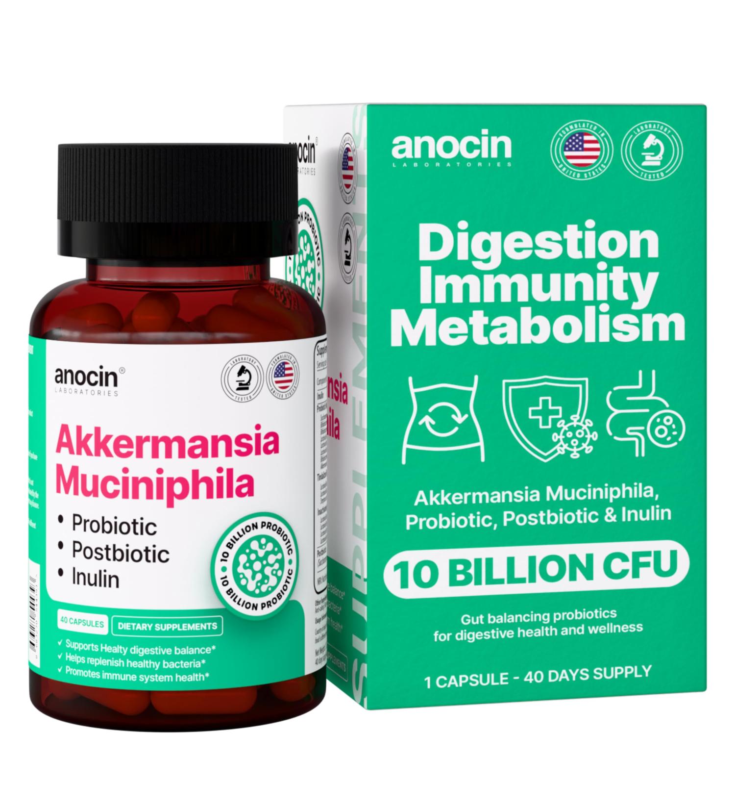anocin Akkermansia Muciniphila + Probiotic Postbiotic & Inulin - Gut Health Supplement for Digestion Immune Support - 10 Billion CFU Vegan & Gluten-Free - Buy Online on GoSupps.com