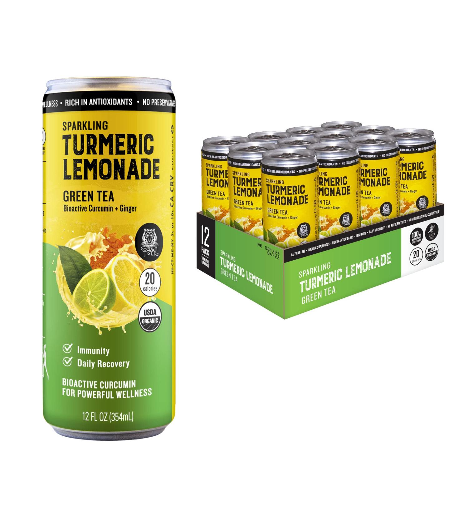 Golden Tiger Organic Sparkling Turmeric Lemonade with Green Tea - 12 Cans | Bio Active Curcumin + Ginger | Plant Based Immunity & Recovery Support - Buy Online on GoSupps.com