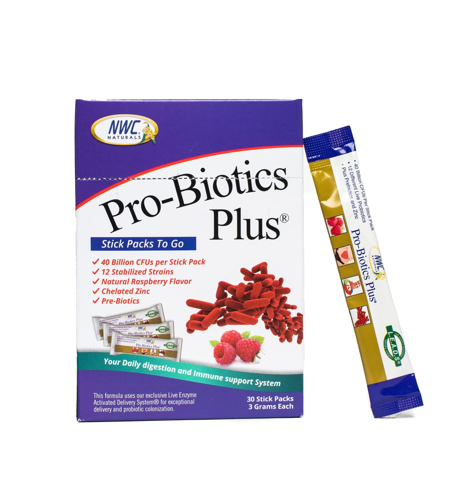 NWC Naturals Pro-Biotics Plus Stick Pack of 30 On the Go Pro-Biotic Powder Packets for Men Women & Kids - Immune System Support Natural Probiotic and Prebiotics Supplement - Buy Online on GoSupps.com