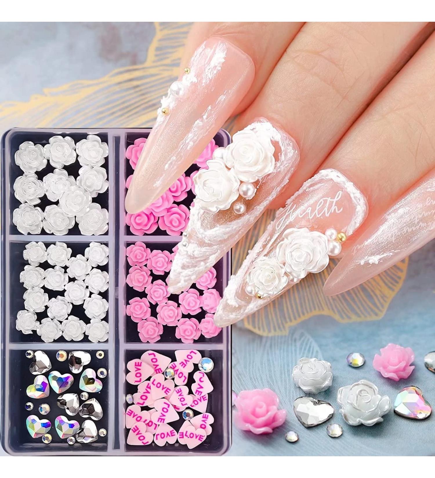 RUNRAYAY Pink 3D Flowers Nail Charms and Diamonds for Acrylic Nails - Heart Rhinestones Nail Art Jewels for Women - DIY Nail Decorations - Buy Online on GoSupps.com