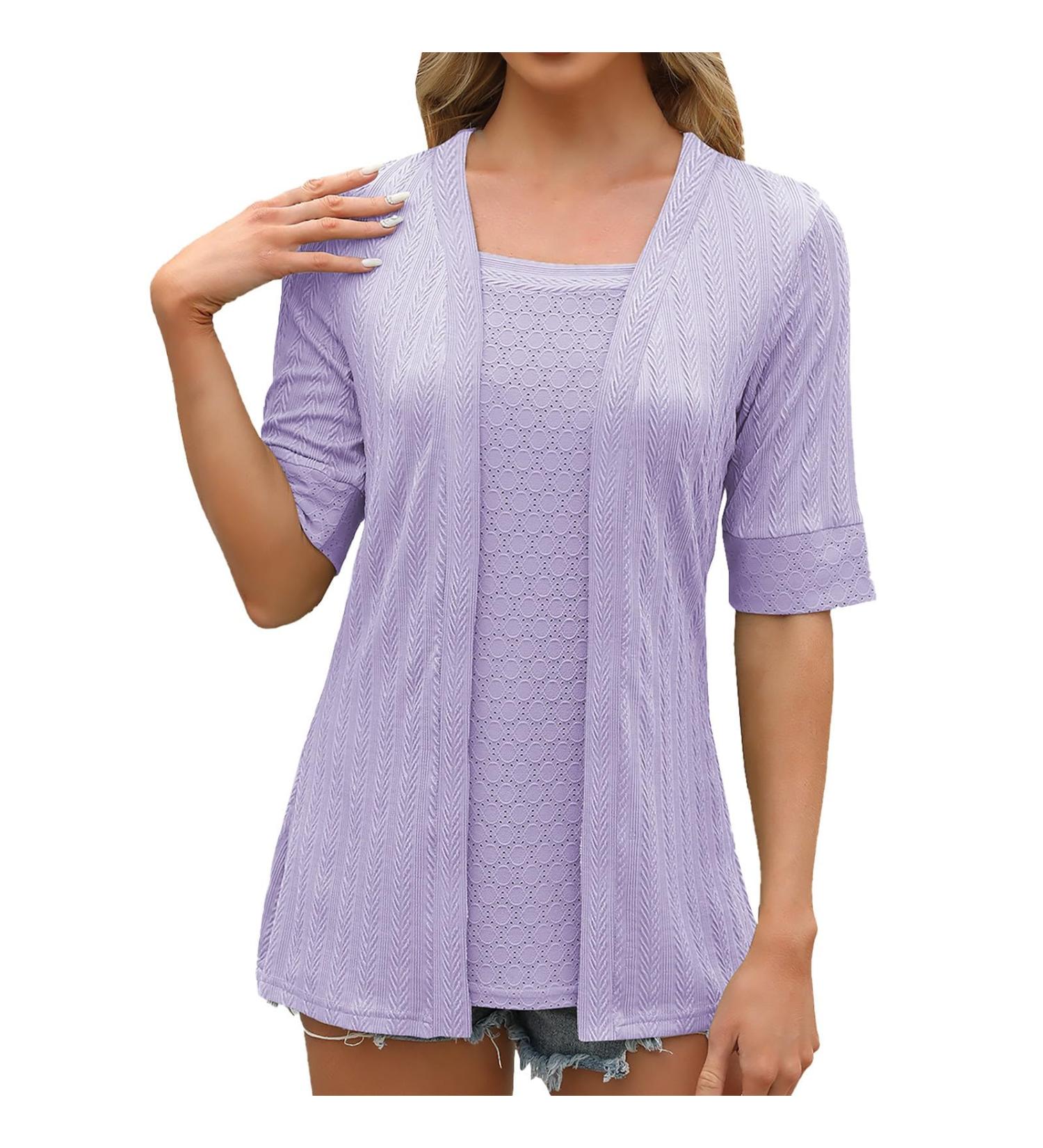Shop Stylish Women's Winged Sleeve Summer Tank Tops | Casual Loose Cotton T-Shirts in Oversized Long Purple - Buy Online on GoSupps.com