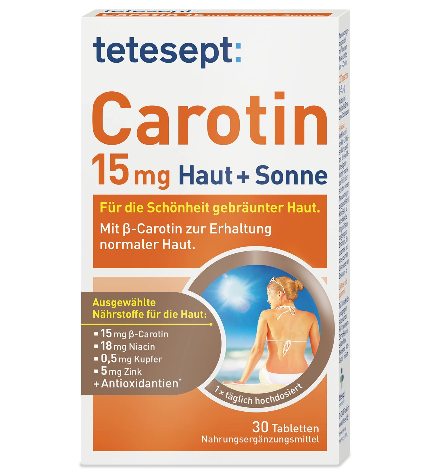 Tetesept Carotene 15 mg - Skin & Sun Vitamins for Beautiful Tanned Skin | Dietary Supplements with -Carotene & Antioxidants | 30 Tablets - Buy Online on GoSupps.com