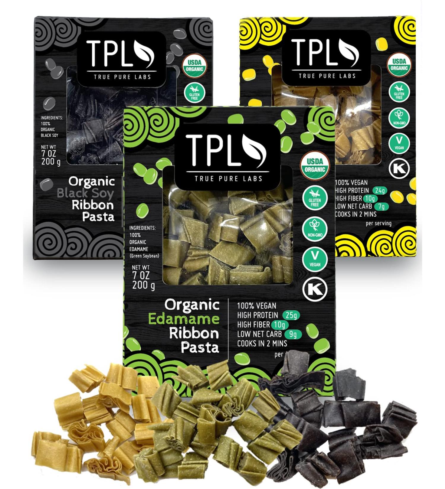 Organic Bean Ribbon Cut Artisan Pasta Combo Sampler Pack - Edamame, Black & Yellow Soy - Keto Low Carb Protein Gluten Free Pasta - 3 Pack - Buy Online on GoSupps.com
