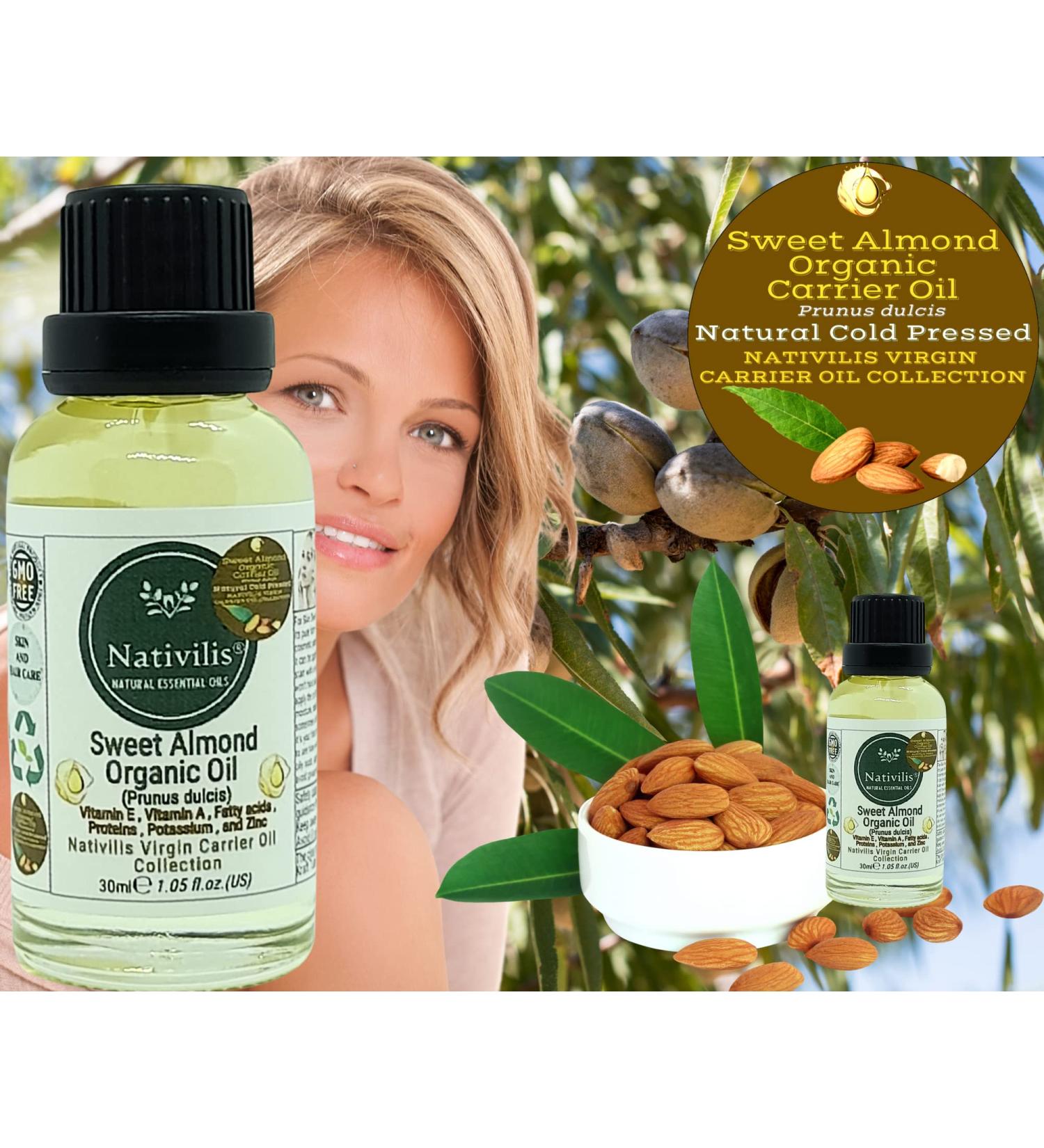 Nativilis Sweet Almond Organic Carrier Oil (Prunus dulcis) King of Nuts- Hair Face & Skin Natural Cold Pressed Cleansing Moisturizer Face Chapped Lips Emollient Properties Healthy Scalp - Copaiba - Buy Online on GoSupps.com