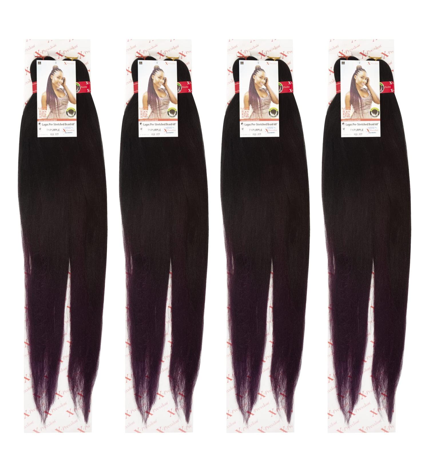 T1/Purple 60 INCH XPRESSION LAGOS BRAID PRE-PULLED/PRE-STRETCHED Hair Extension 60 2 In A Pack (Colour T1/Purple Black/Purple Mix) Heat Resistant Tangle Free Black Purple 1 - Buy Online on GoSupps.com