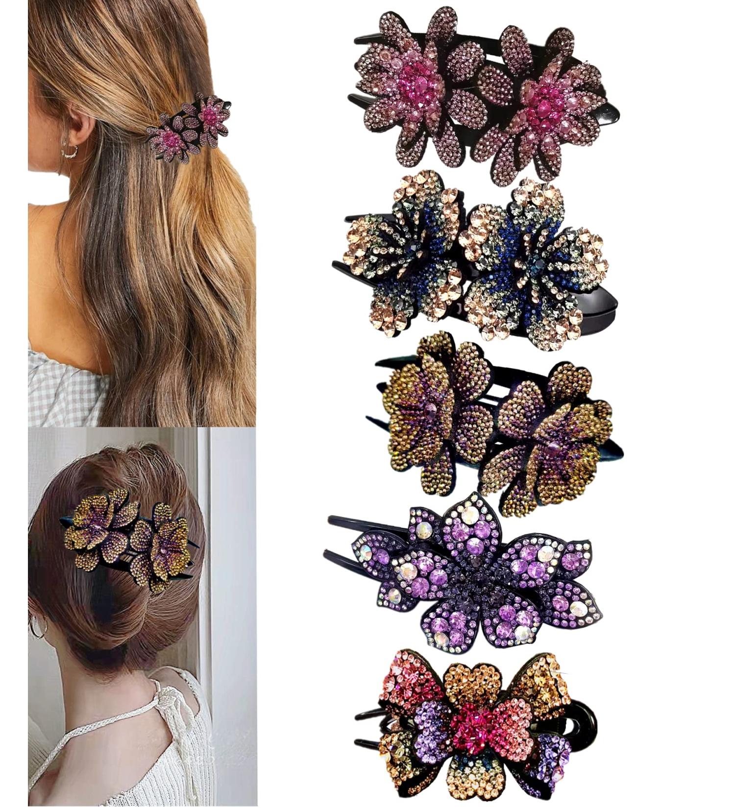 5 Pcs Double Flower Rhinestone Hair Clips - Fancy Crystal Barrettes for Women (Pastoral Style) - Buy Online on GoSupps.com