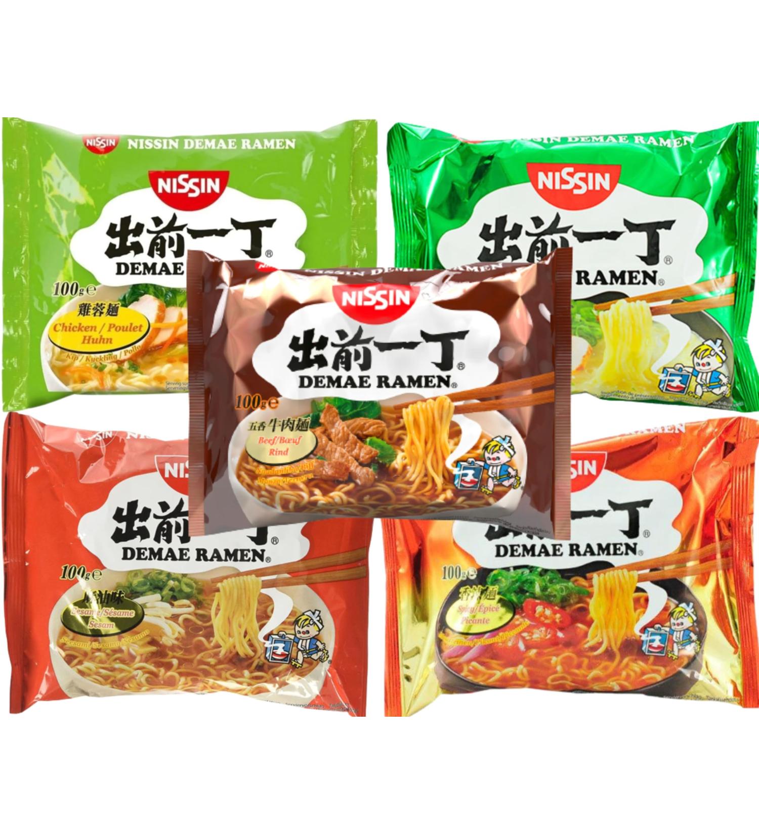 Nissin Demae Ramen 100G Assorted Flavours - Pack of 10 (Beef Chicken Sesame Tonkotsu and Spicy - 2 packs each flavour) - Buy Online on GoSupps.com