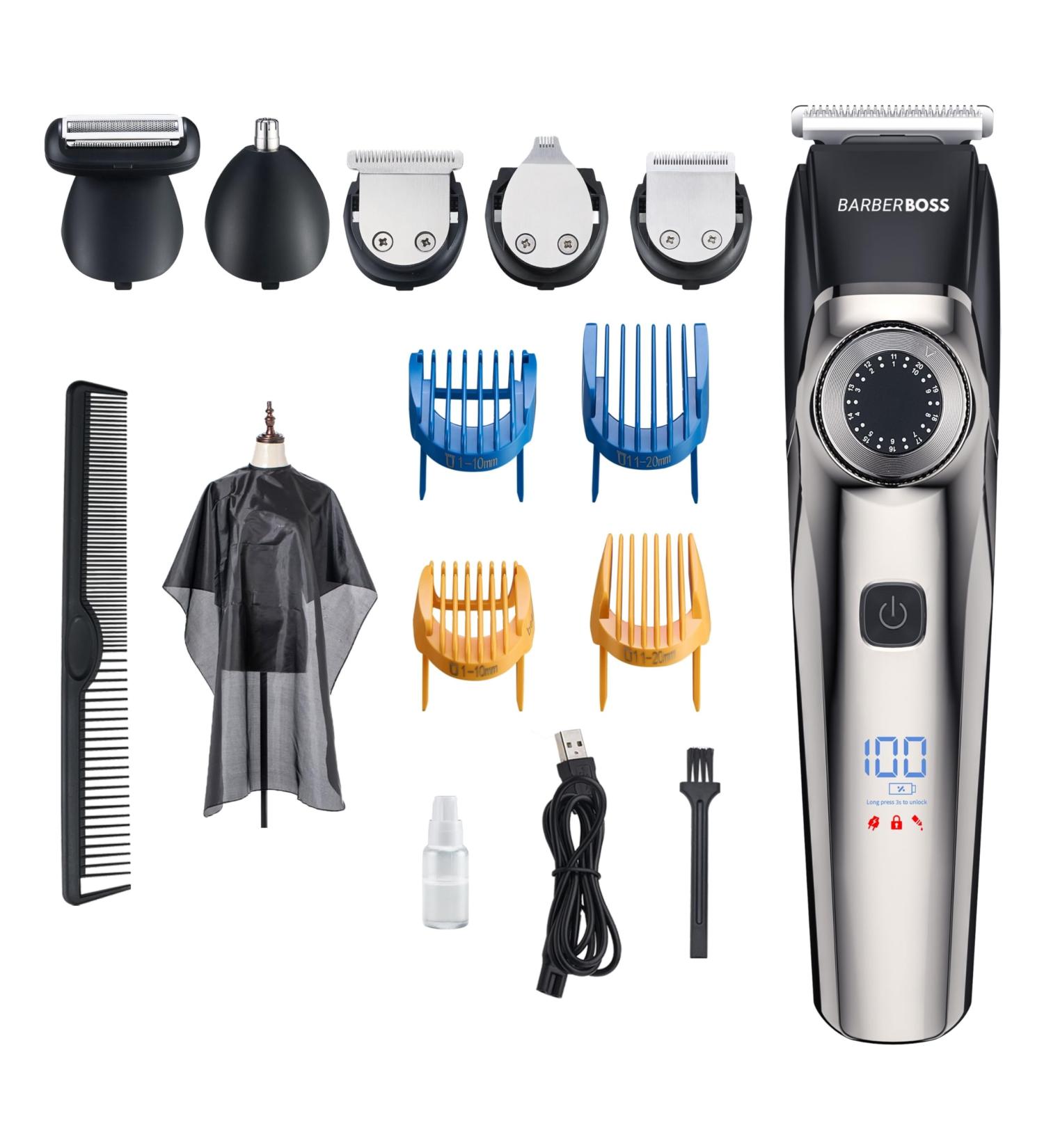 BarberBoss Professional Beard Trimmer Men Hair Clipper Waterproof Design Precision Dial Grooming Kit - Ear & Nose 39 Cutting Lengths Comb Attachments LED Display - Buy Online on GoSupps.com