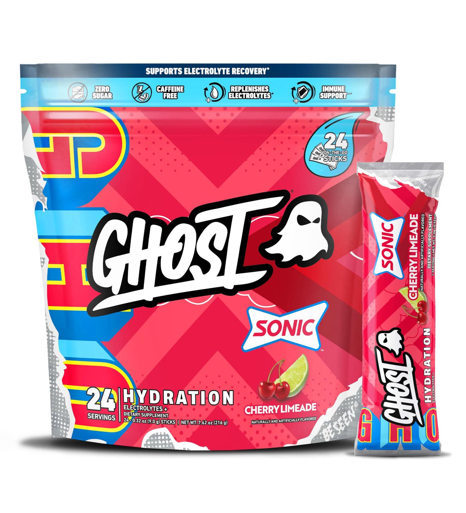 GHOST Hydration Packets Sonic Cherry Limeade 24 Sticks Electrolyte Powder - Drink Mix Supplement with Magnesium Potassium Calcium Vitamin C - Vegan Friendly Free of Soy Sugar & Gluten Sonic Cherry Limeade (24 Sticks) - Buy Online on GoSupps.com