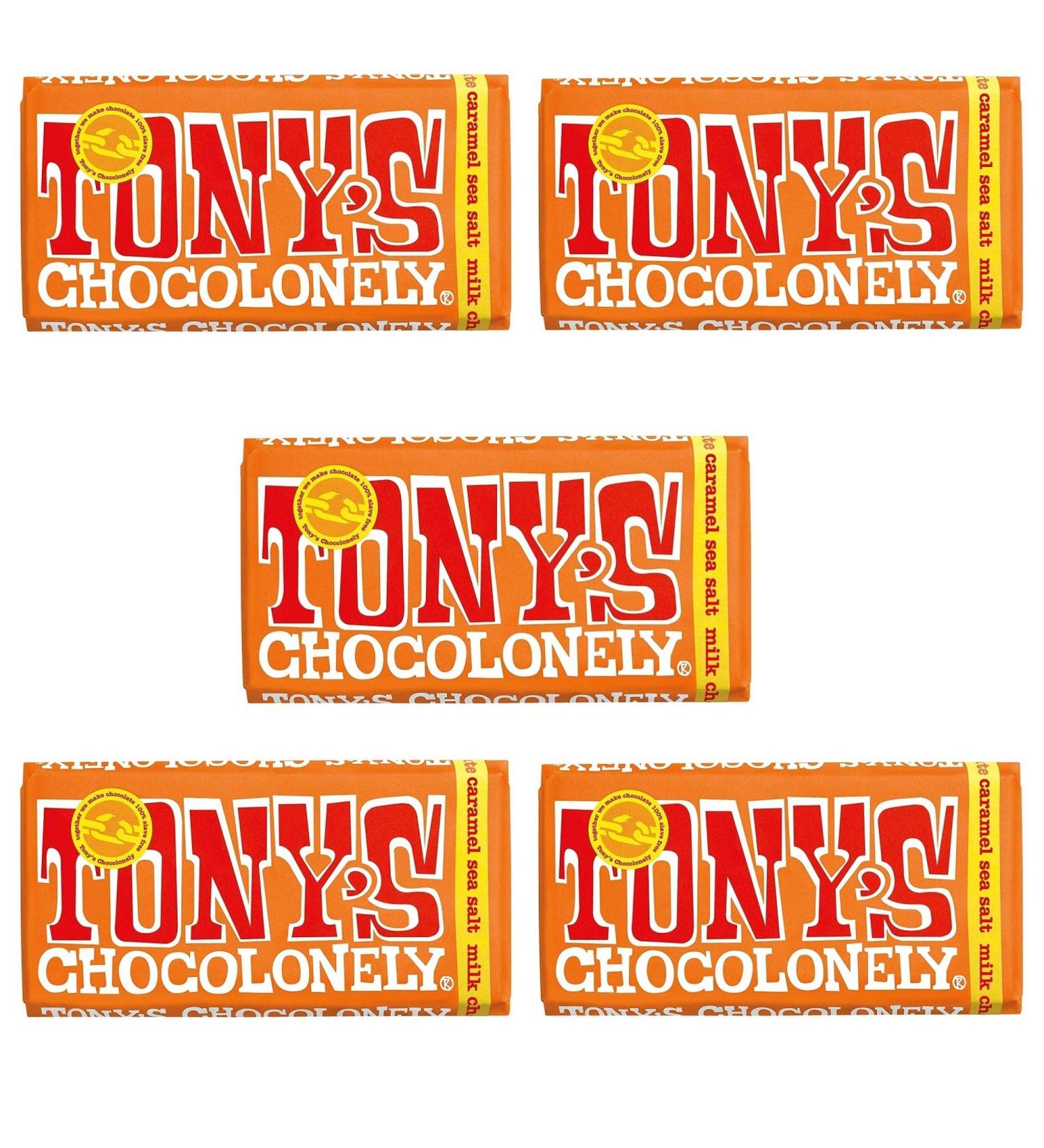 Tony's Chocolonely Chocolate 180g - Pack of 5 Milk Chocolate Caramel Sea Salt