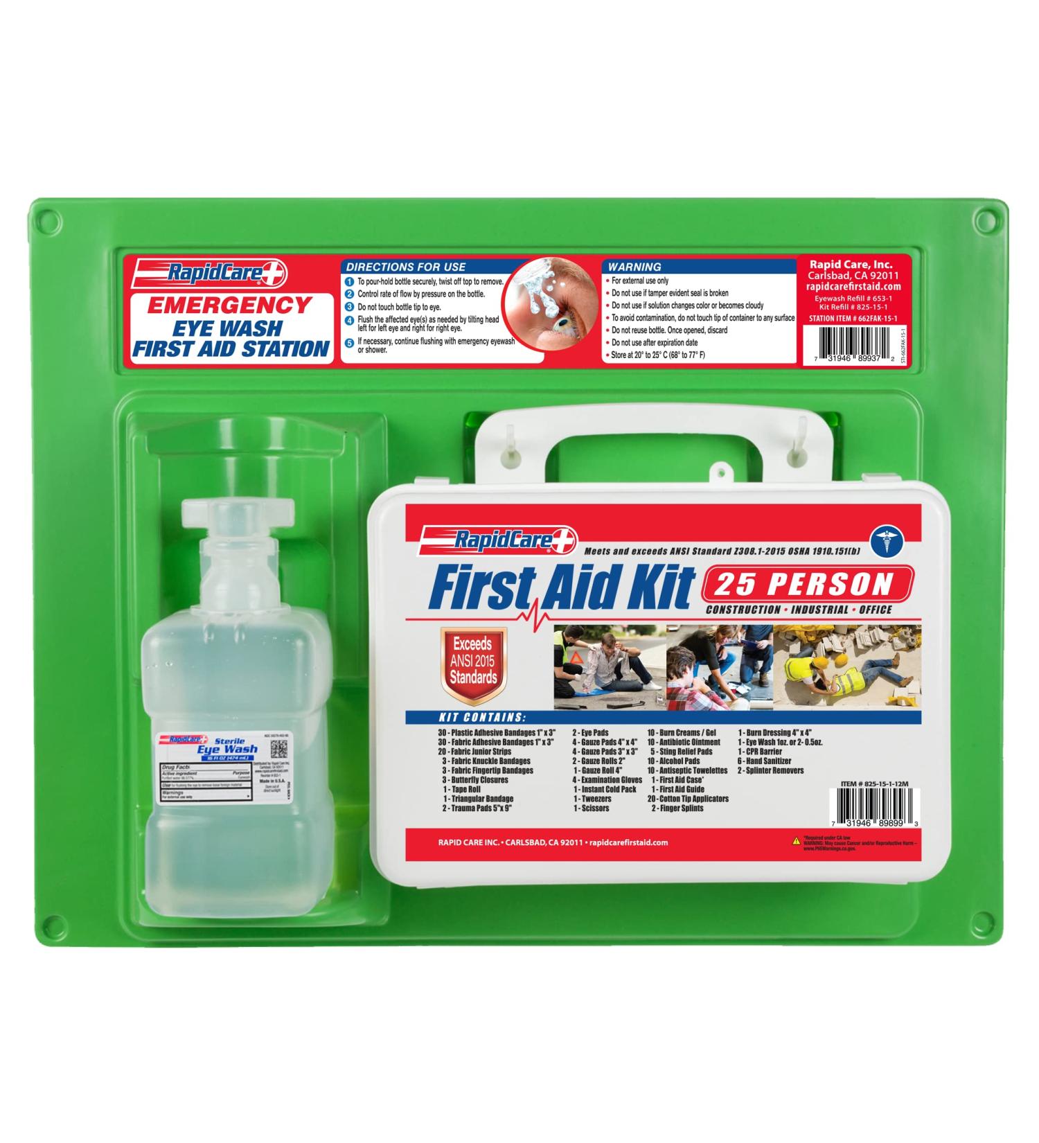 Rapid Care First Aid 662FAK-15-1 16 oz Eye Wash Station with 25 Person First Aid Kit, Exceeds OSHA/ANSI 2015 Standards, FDA Compliant, Wall Mountable, 20" x 14" x 4", Red, White & Blue Eye Wash Station with ANSI 2015 First…
