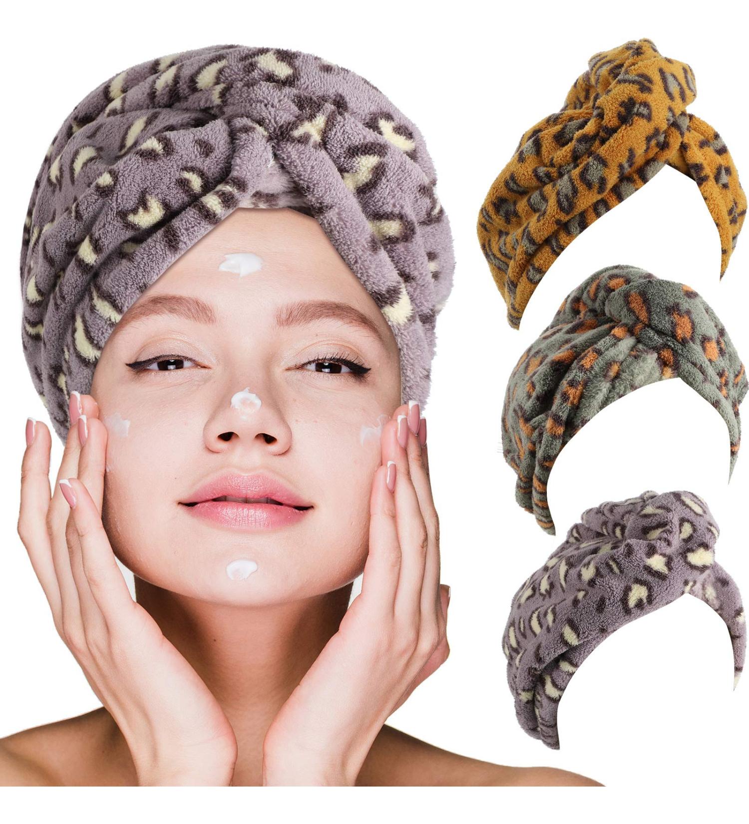 3 Pieces Leopard Microfiber Hair Towel Set - Anti-Frizz Curly Hair Turban | Dry Wet Hair Fast | Multicolored Bath Hats - Buy Online on GoSupps.com