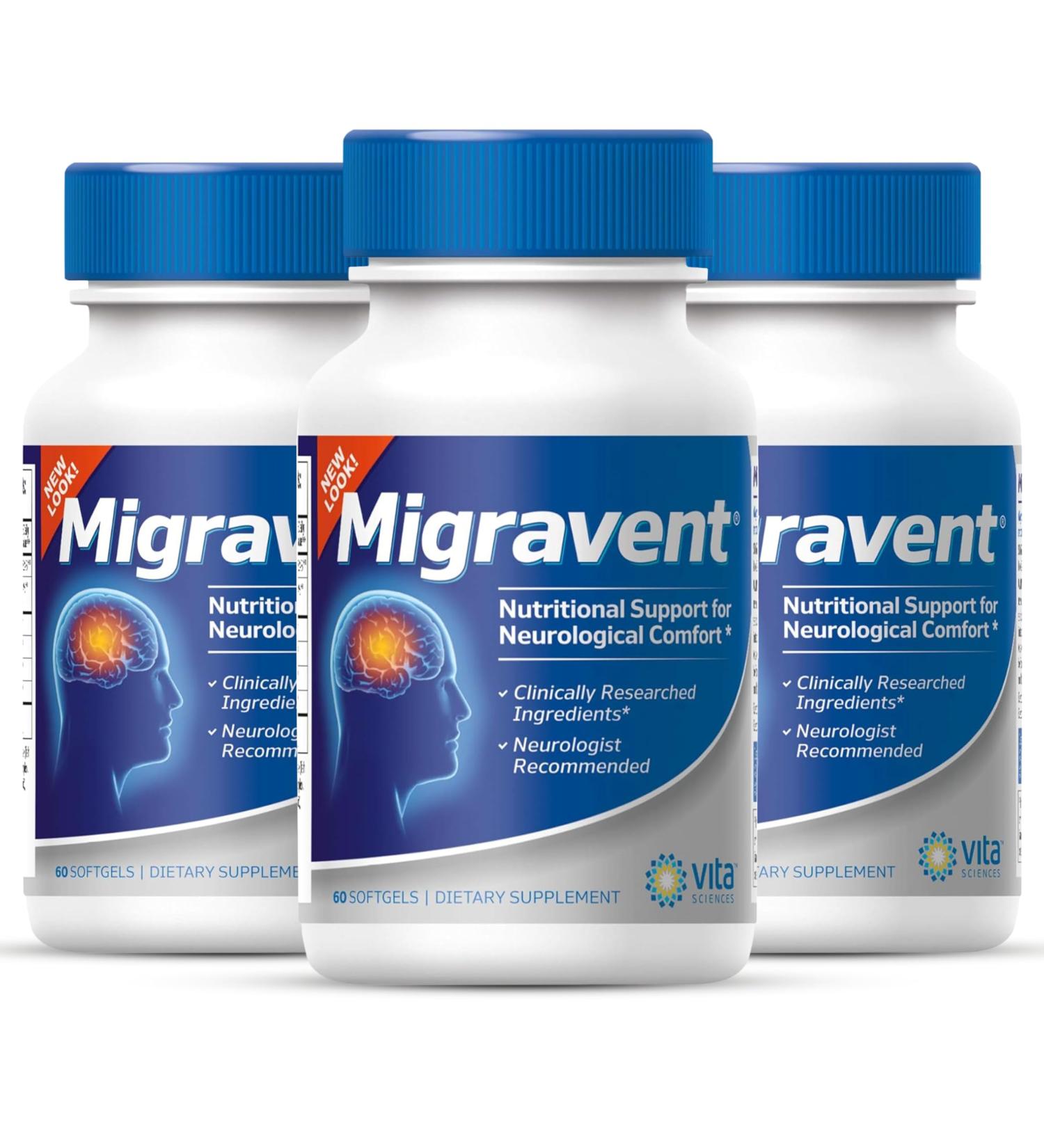 Vita Sciences Migravent Advanced Nutritional Formula with Magnesium CoQ10 Vitamin B2 and PA-Free Butterbur for Neurological and Vascular Support 60 Capsules (Pack of 3)