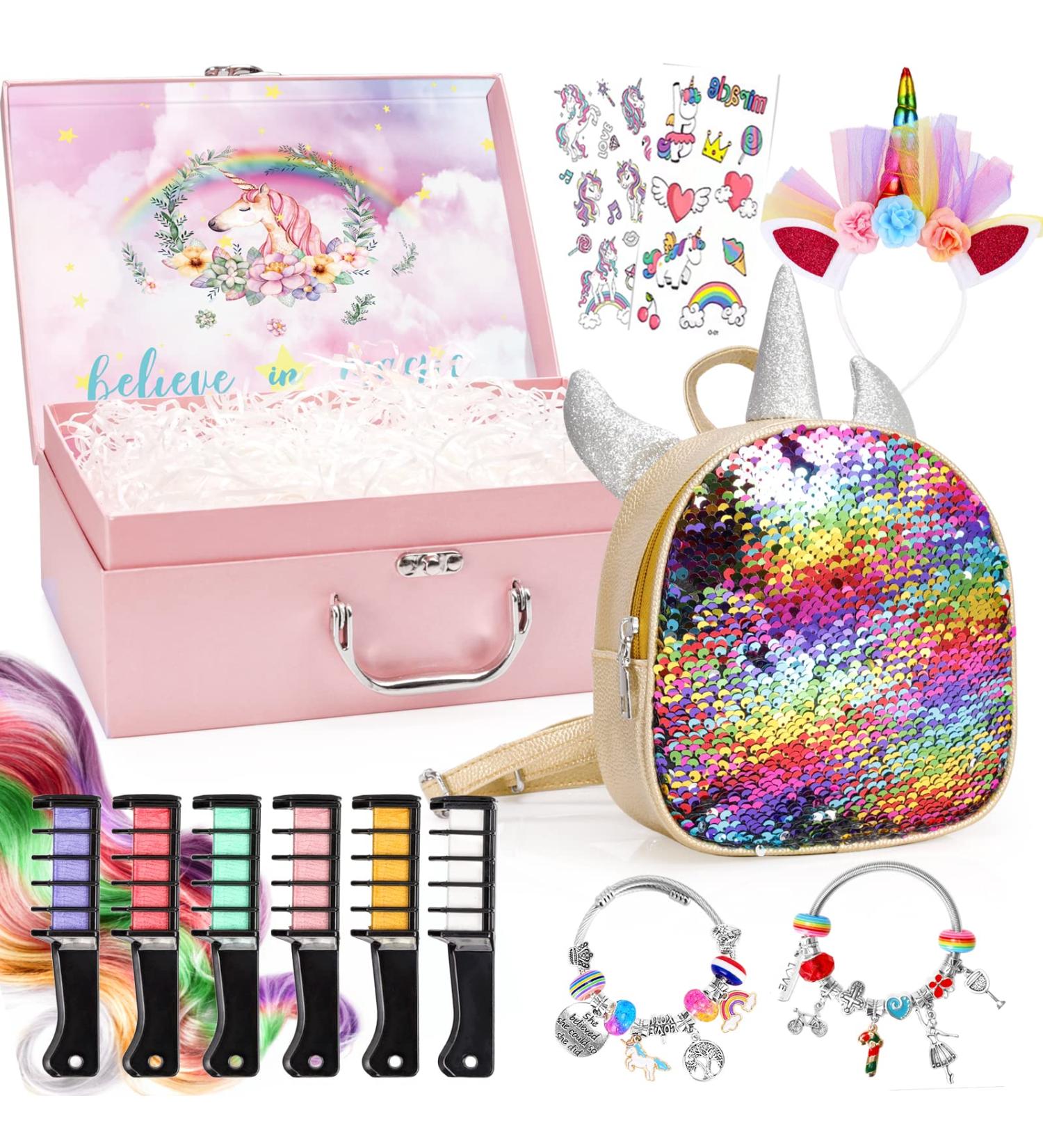 Unicorn Gifts for Girls - DIY Charm Bracelet Kit, Hair Chalk, Headband in Giftable Box - Buy Online on GoSupps.com