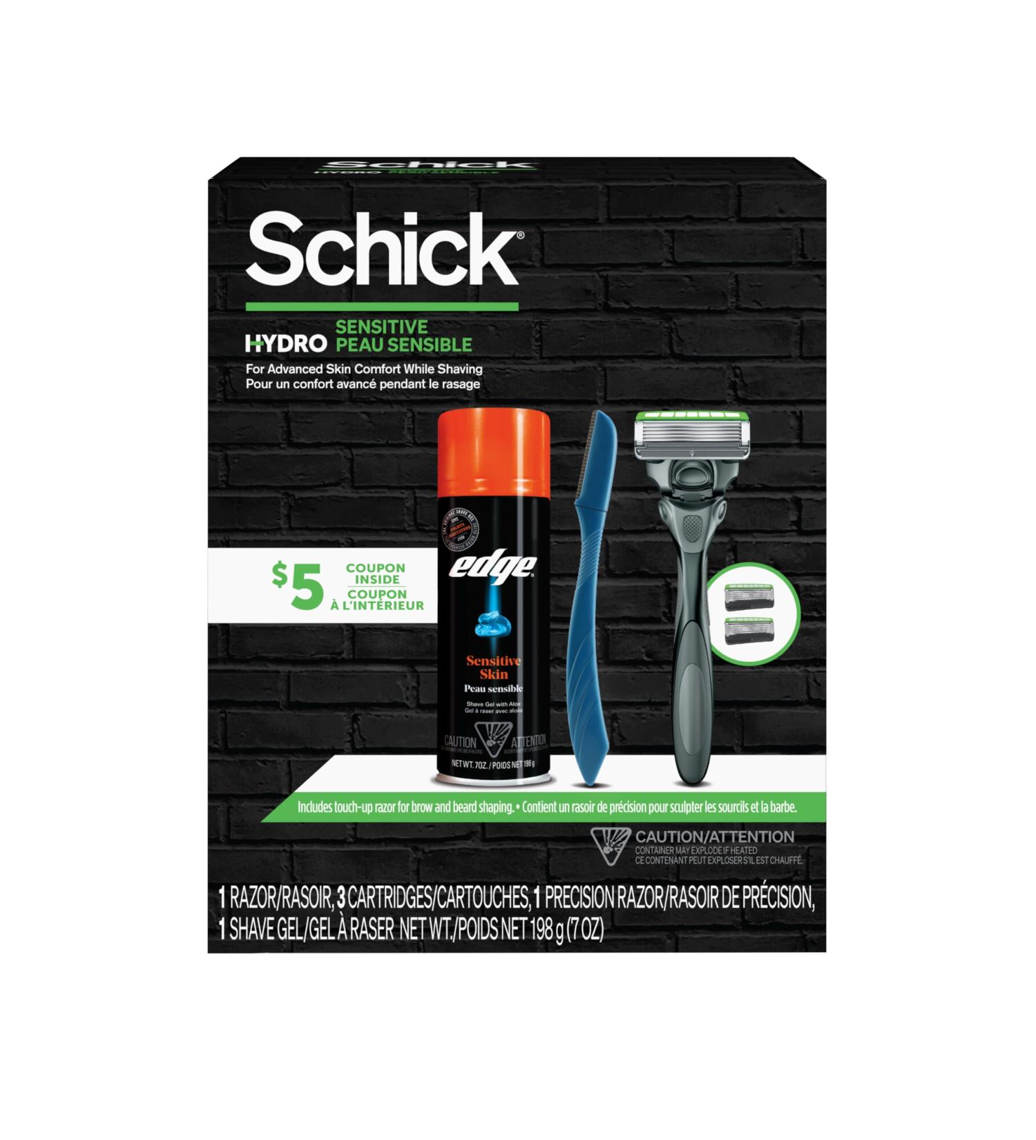 Schick Hydro Shave Gift Box contains 4 items 1 Edge Sensitive Shave Gel 1 Hydro Skin Comfort Sensitive Razor 1 up 1 Hydro Skin Comfort Sensitive 2 ct Refill 1 Hydro Precision Trimmer