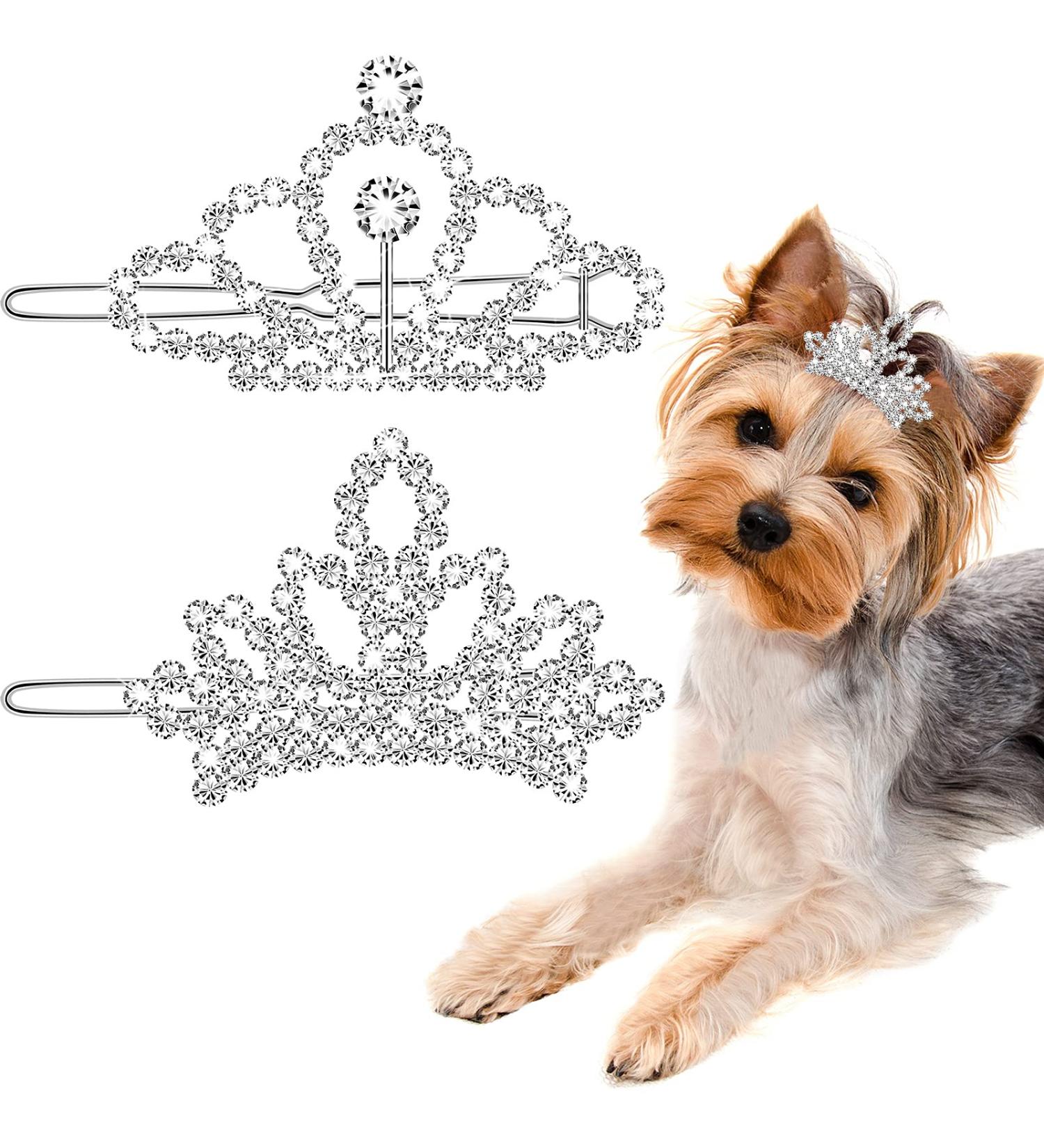 MTLEE 2-Piece Crystal Rhinestone Dog Tiara Crown Hair Clips - Pet Grooming Accessories (Silver) - Buy Online on GoSupps.com