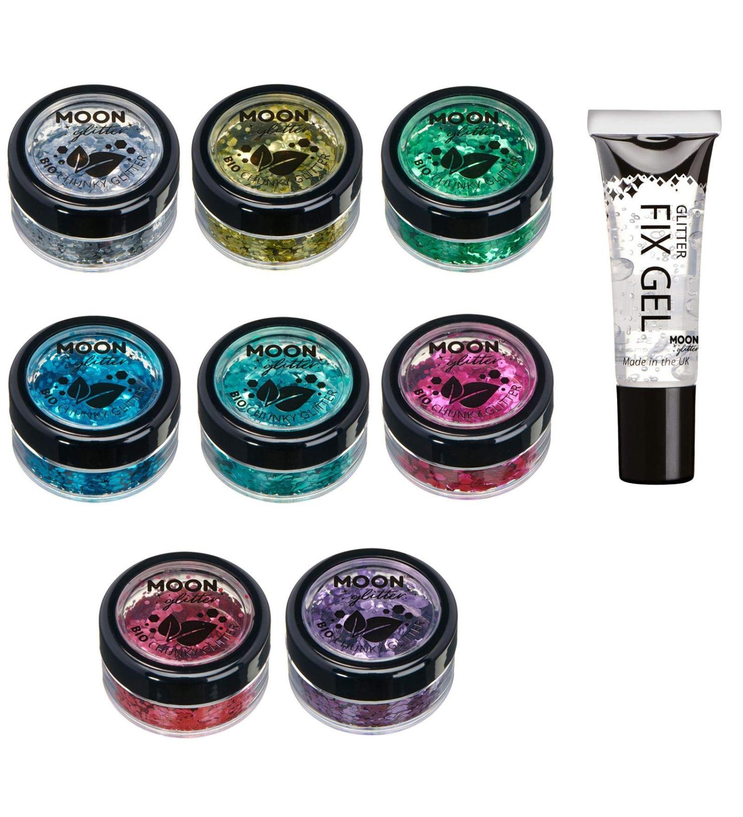 Biodegradable Eco-Glitter Set | 100% Organic Cosmetic Glitter for Face Body Nails & Hair - Moon Glitter (6x3g + Fixation Gel) - Buy Online on GoSupps.com