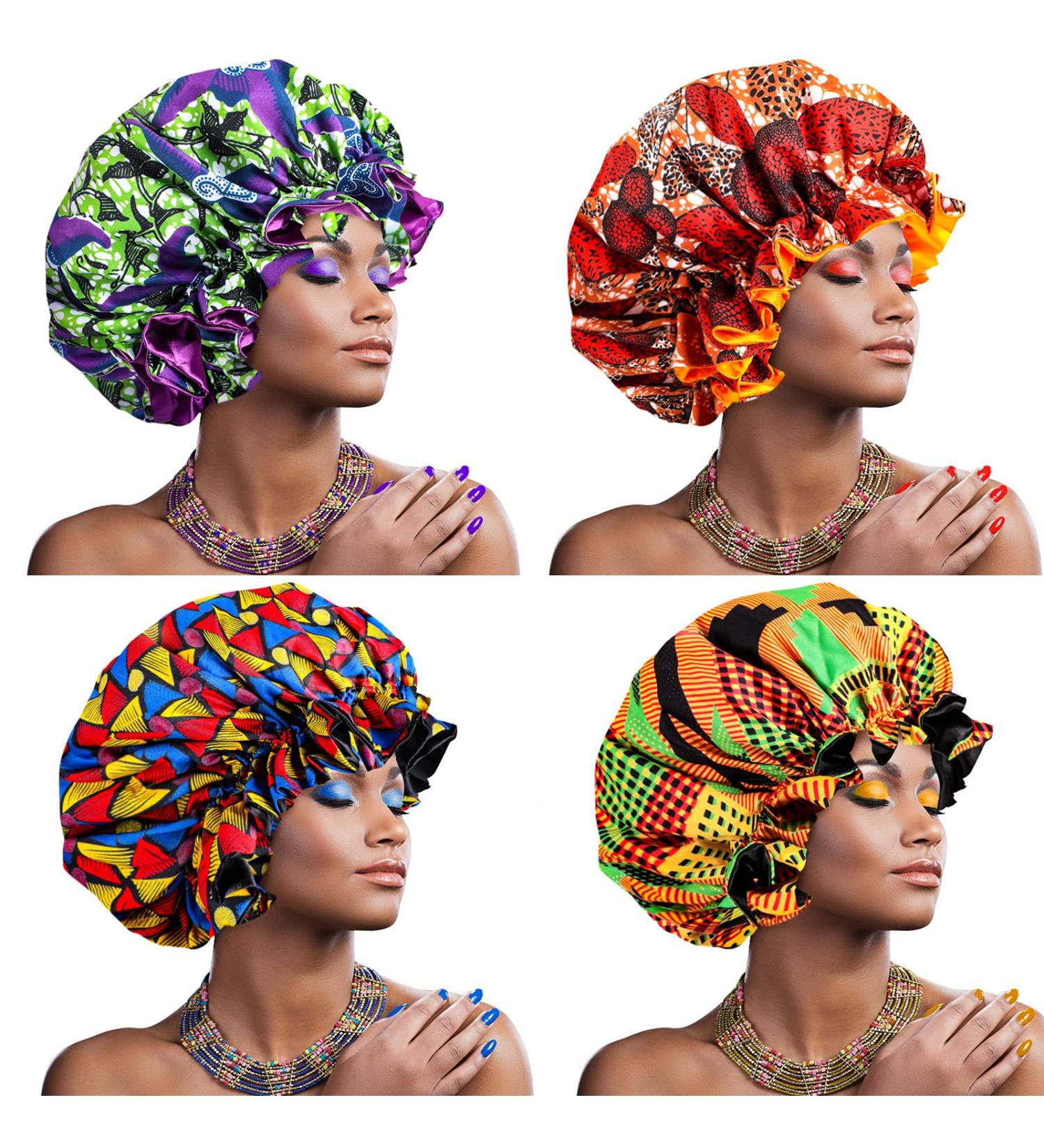 Janmercy African Satin Bonnet Set - 4 Pieces | Extra Large Double Layer Sleep Cap for Women & Girls | Adjustable Buckle | Reversible Night Hair Bonnets - Buy Online on GoSupps.com