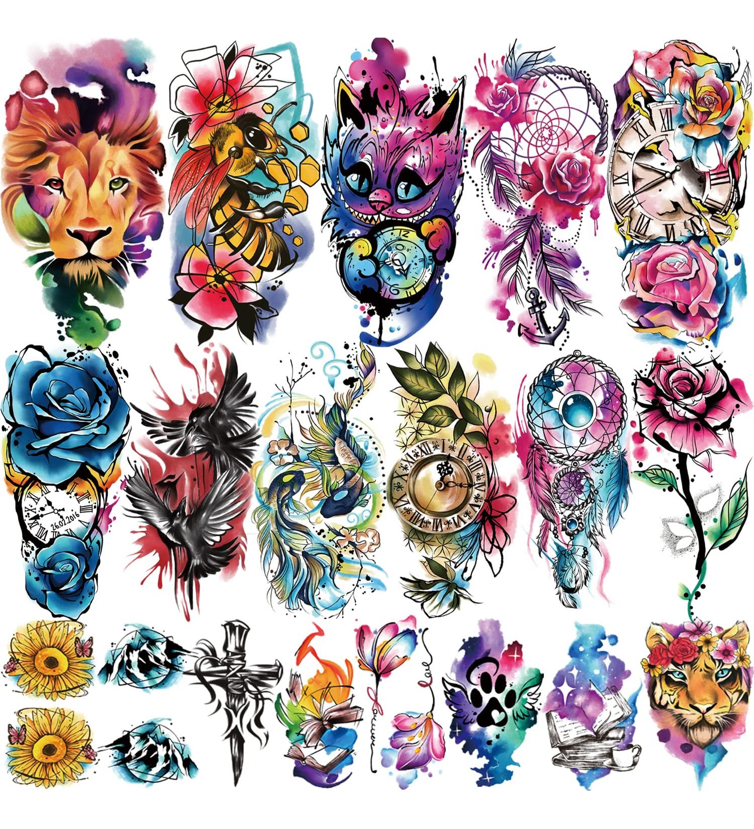 Watercolor Temporary Tattoos - Butterfly, Flower, Lion, Wolf, Dream Catcher Designs - 77 Sheets for Men, Women & Kids - Buy Online on GoSupps.com