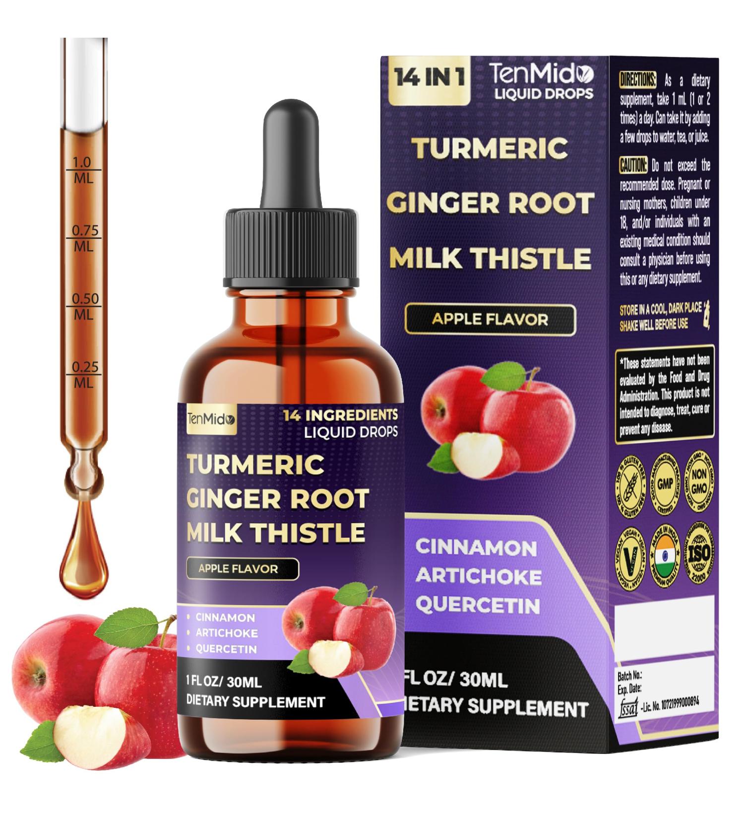 Tenmido 14in1 Liquid Turmeric Supplement with Ginger Milk Thistle Ceylon Cinnamon Artichoke Quercetin Berberine HCl Rosehip Dandelion Black Pepper & More - 30ml 1Fl Oz - Buy Online on GoSupps.com