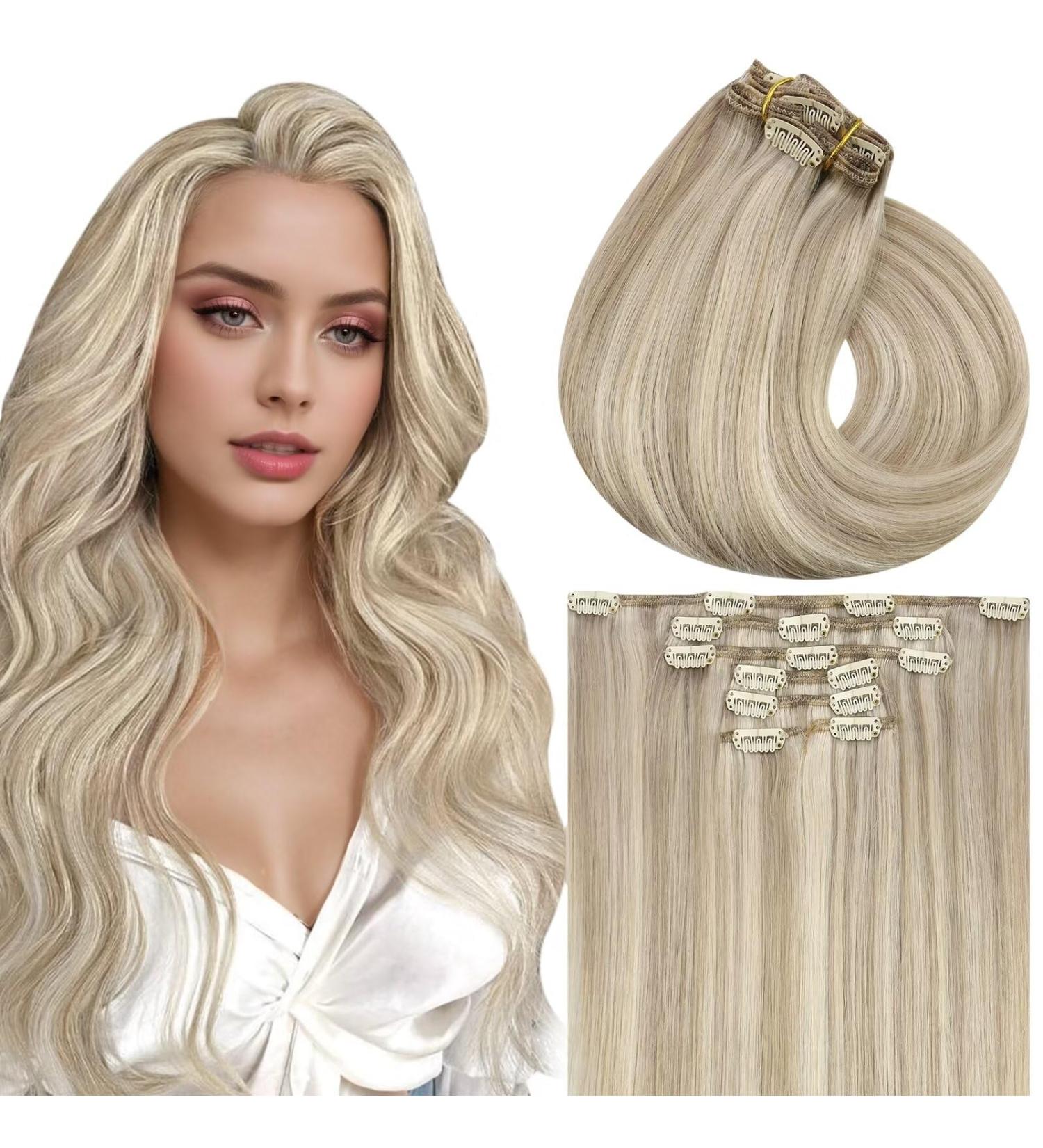 Vivien Blond Clip-in Extensions | 20-Inch Remy Real Hair | Ash Blonde Highlights #16/22 | 50cm 120g 7PCS - Buy Online on GoSupps.com