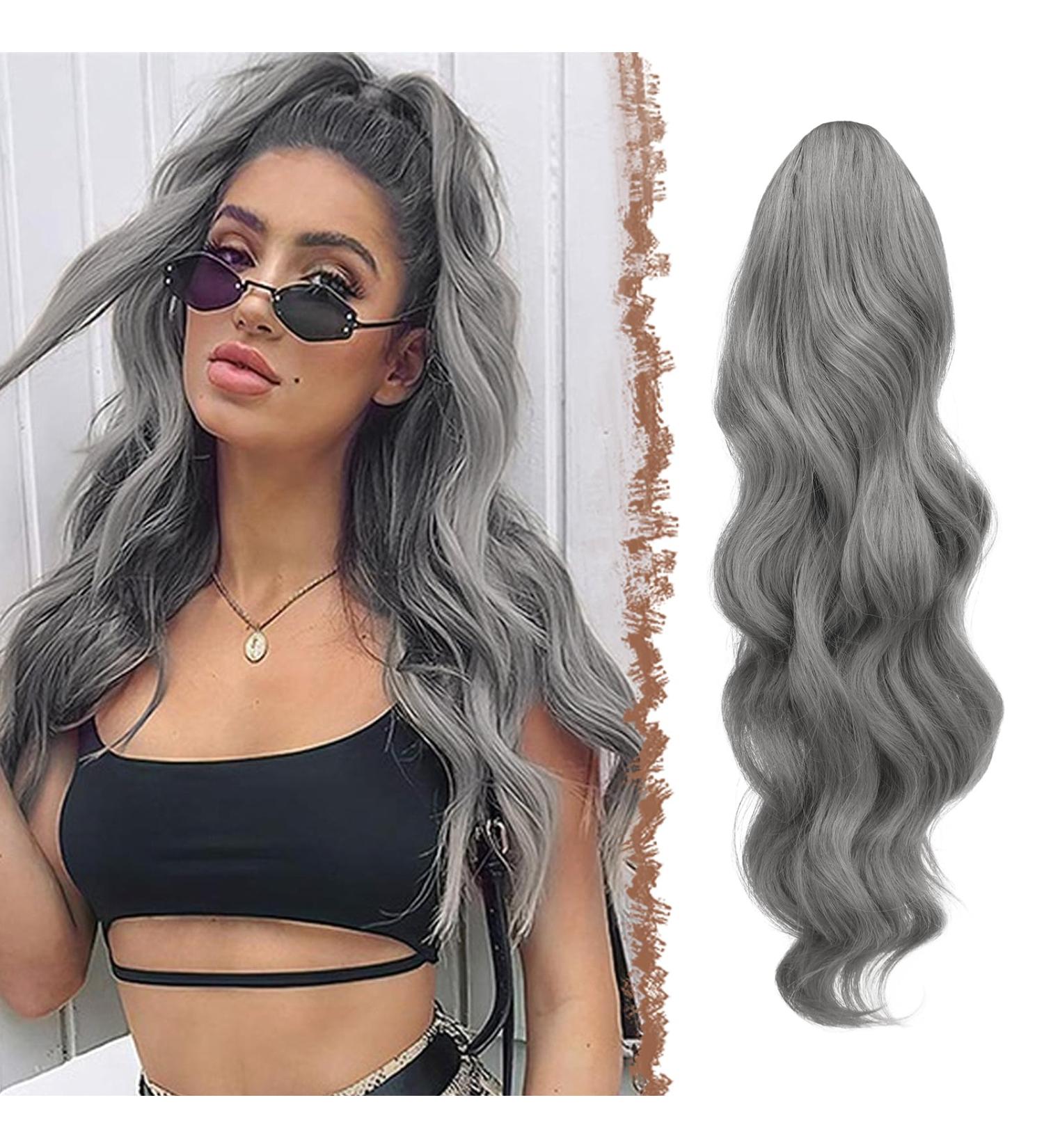 FESHFEN 60cm Curly Wavy Gray Drawstring Ponytail Extension | Clip-in Synthetic Hairpiece for Women and Girls - Buy Online on GoSupps.com