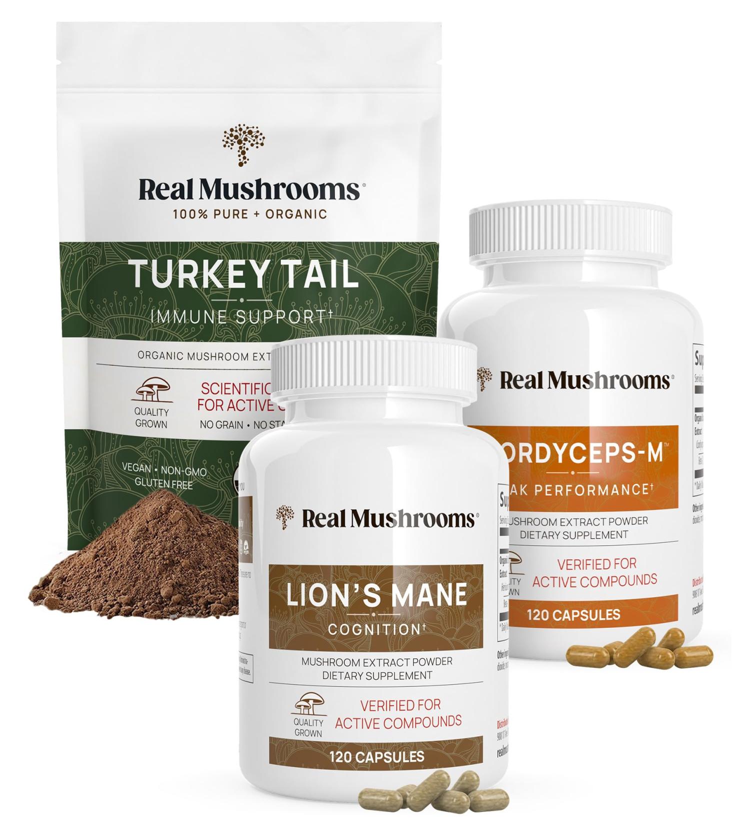 Real Mushrooms Immune Support Cognition & Performance Boost Bundle - Turkey Tail Organic Extract Powder (45g) | Lion s Mane (120 Capsules) | Cordyceps-M (120 Capsules) | Mushroom Supplements - Buy Online on GoSupps.com