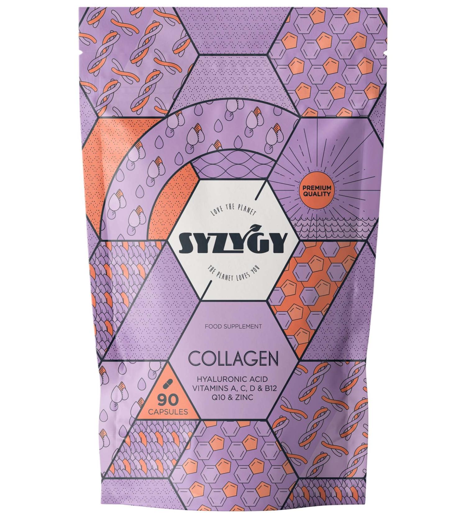 SYZYGY FOOD | Collagen with Hyaluronic Acid Coenzyme Q10 Vitamin A C D B12 and Zinc | 750mg | 90 Capsules 90 Days | Energy Reinforced Joints | Hydrolyzed Collagen Made in EU - Buy Online on GoSupps.com