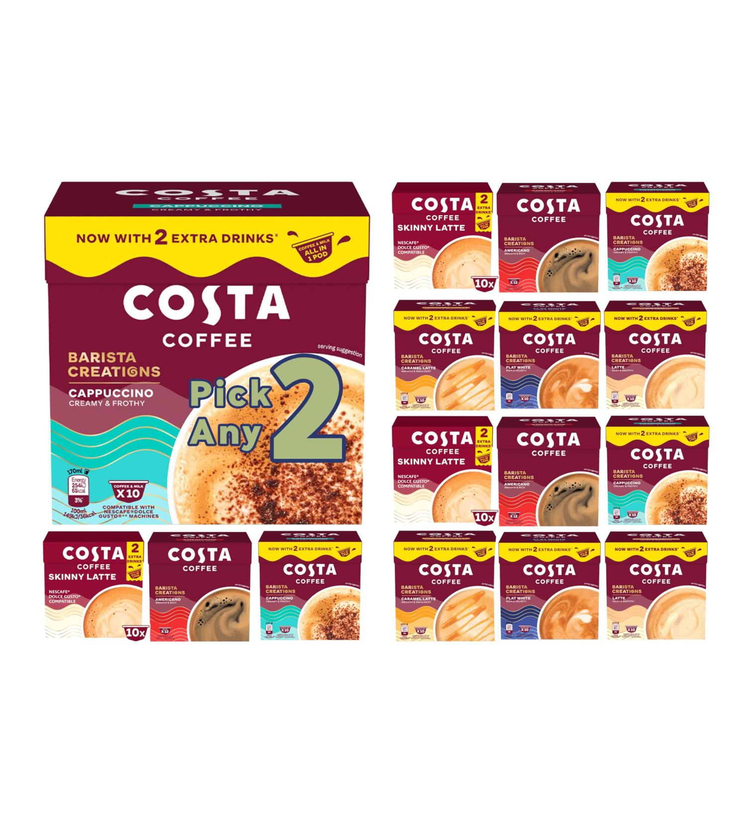 Costa Coffee Pods - Pick Any 2 Pack From 6 Flavours Including Costa Skinny Latte Pods Americano Pods Latte Pods Caramel Latte Pods Cappuccino & Flat white Coffee Pods - Buy Online on GoSupps.com