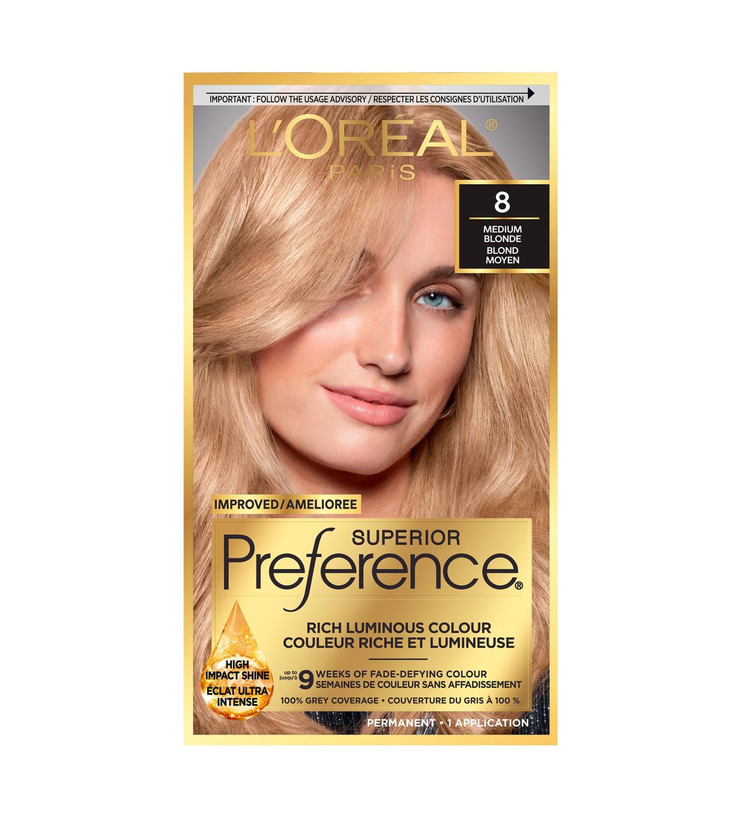 L Or al Paris Superior Preference 9 weeks of Luminous Fade-Defying Permanent Hair Dye 8 Medium Blonde 100% Grey Coverage 1 Hair Dye Kit (Packaging May Vary) Medium Blonde 1 count (Pack of 1) - Buy Online on GoSupps.com