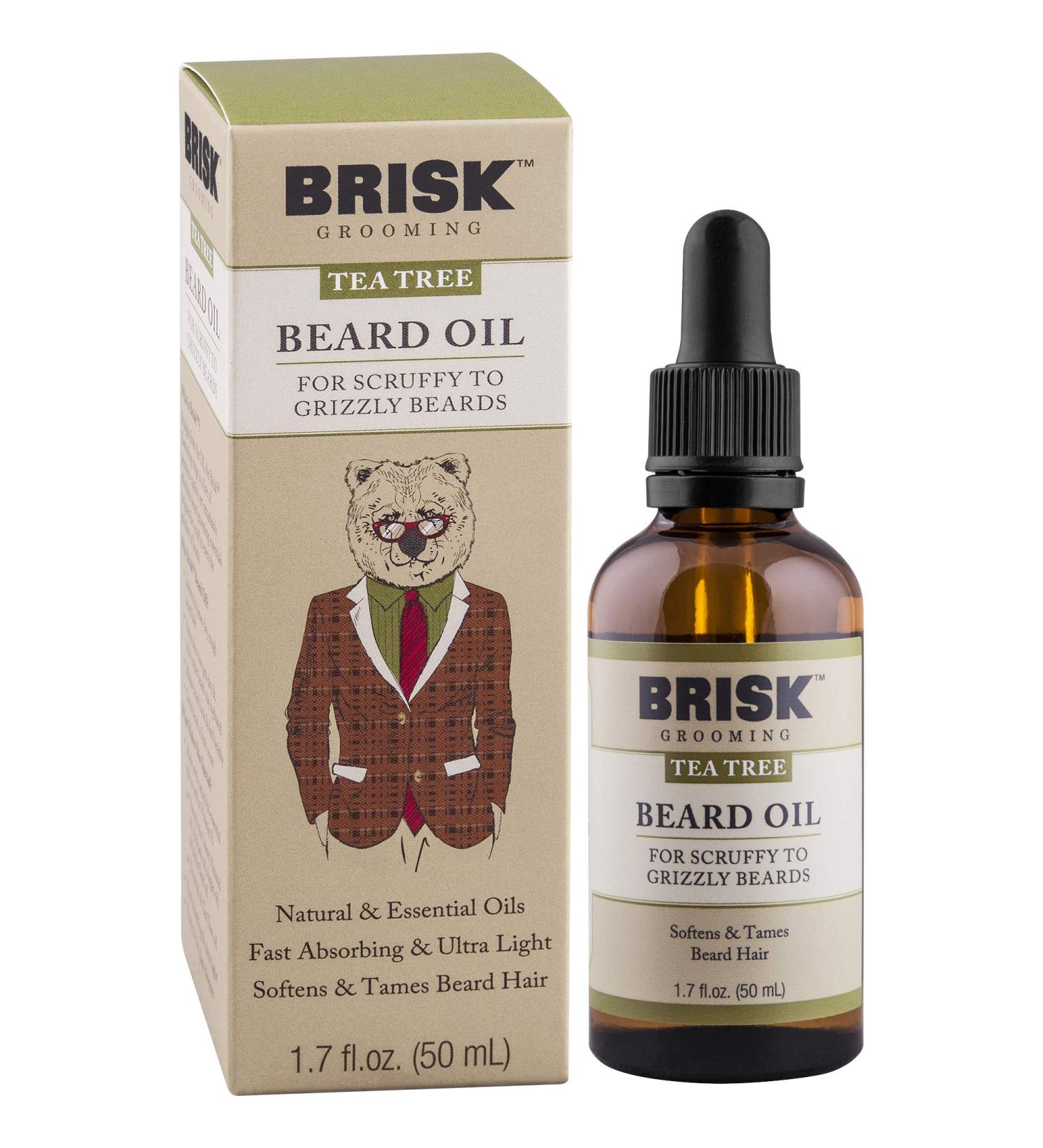 Brisk Grooming Tea Tree Beard Oil - Fast-Absorbing Natural Oil Blend for Soft Healthy Beards - 1.7 oz with Dropper - Buy Online on GoSupps.com