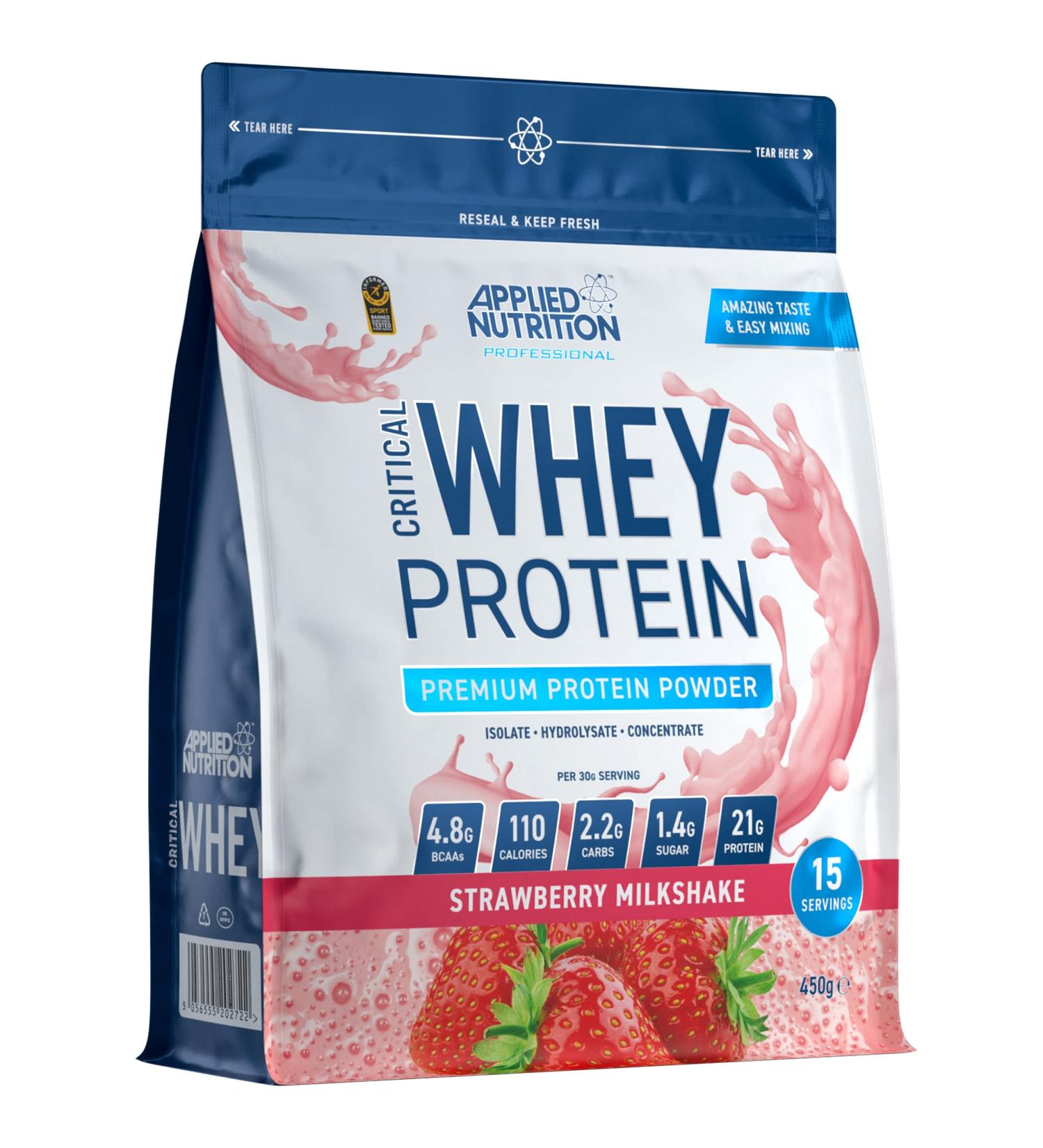 Applied Nutrition Critical Whey Protein Powder - High Protein Muscle Building Supplement with BCAAs & Glutamine (Strawberry 450g) - Buy Online on GoSupps.com