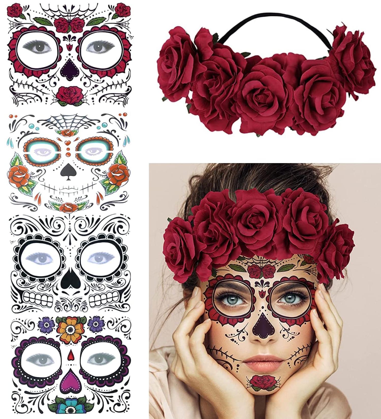 Day of the Dead Sugar Skull Face Tattoo Kit with Rose Red Flower Crown Headband - Buy Online on GoSupps.com
