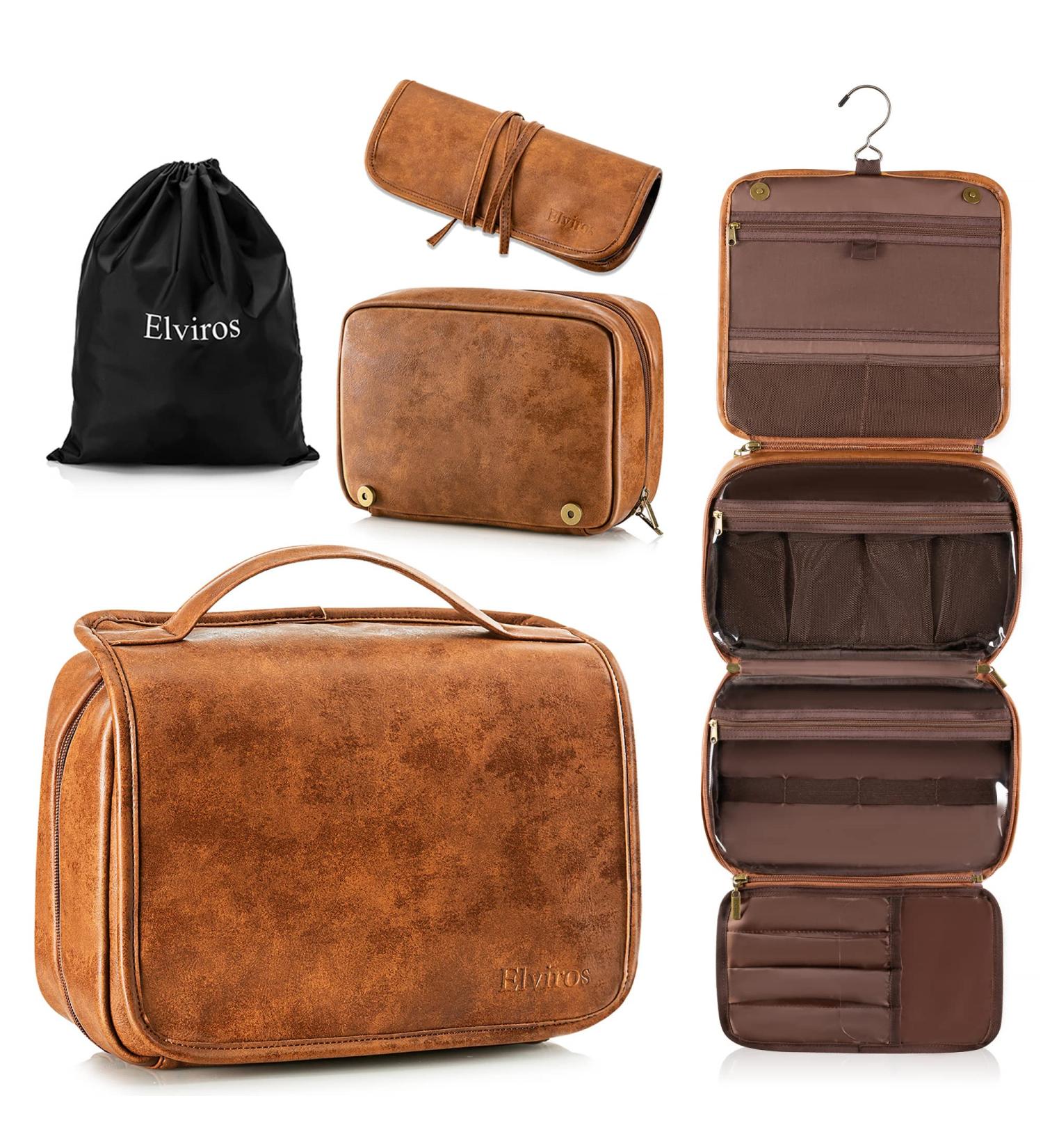 Elviros Hanging Toiletry Bag - Multifunctional Travel Organizer for Men and Women - Water-resistant PU Leather Dopp Kit - Brown - Buy Online on GoSupps.com