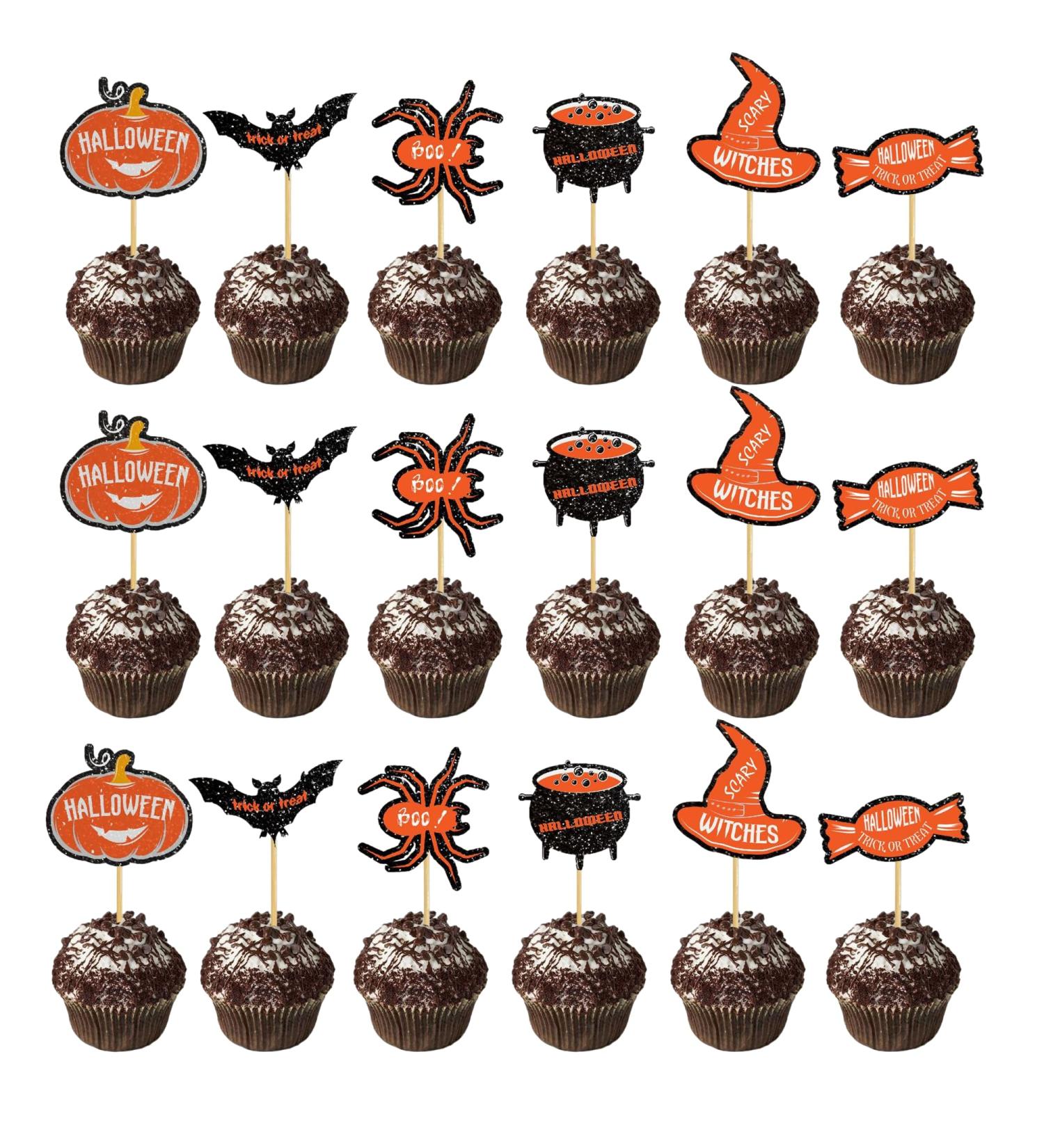 30Pcs Halloween Cupcake Toppers Cute Cartoon Design Cake Insert Toppers Bat Spider Switch Hat Hat Halloween Themed Cake Decorations Party Supplies (30pcs) - Buy Online on GoSupps.com