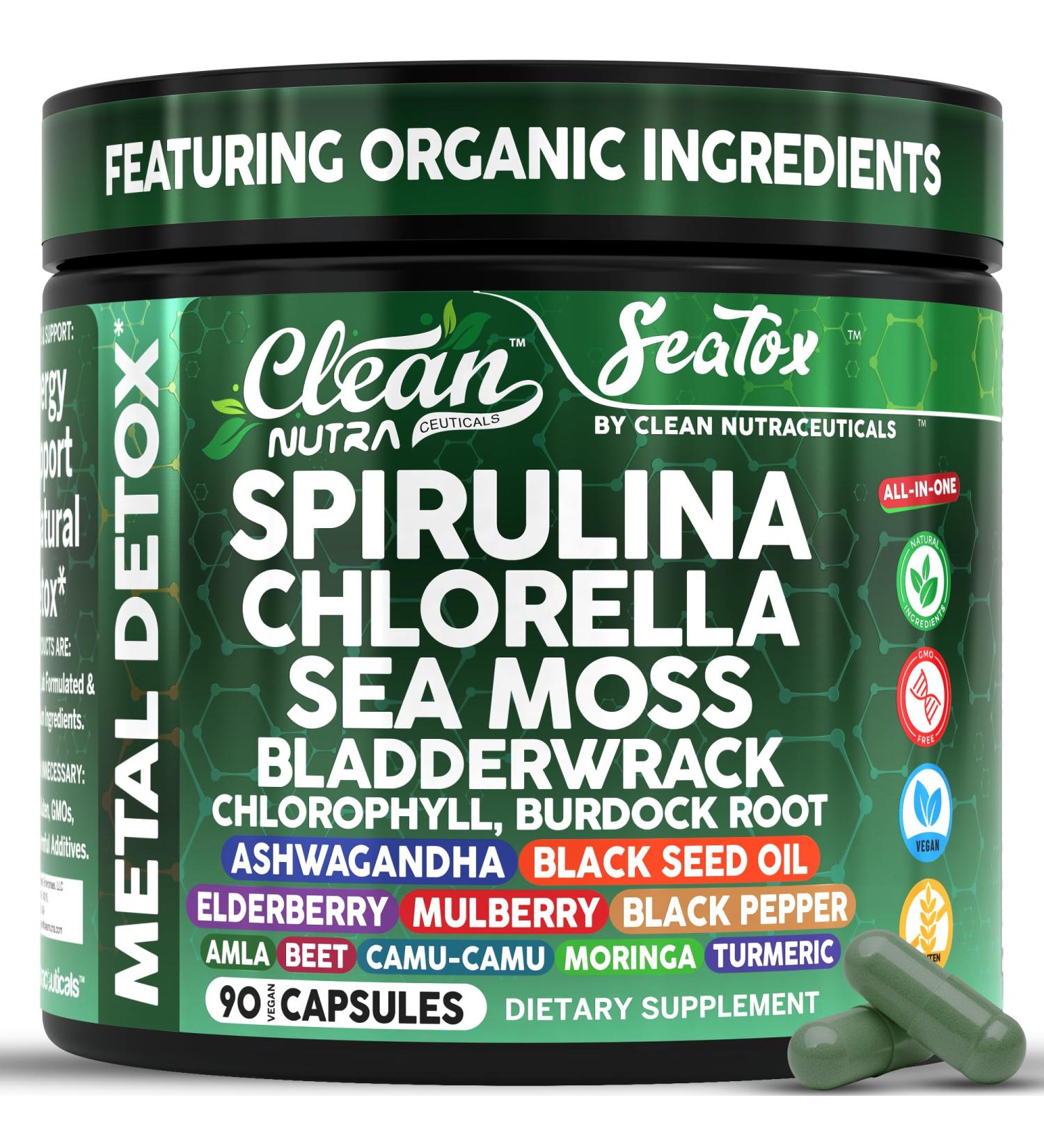 Sea Tox Organic Spirulina and Chlorella Capsules Natural Cleansing & Nourishment Sea Moss Bladderwrack Chlorophyll Burdock Root Ashwagandha Turmeric 90 Vegan Black Seed Oil Capsules by Clean Nutra - Buy Online on GoSupps.com