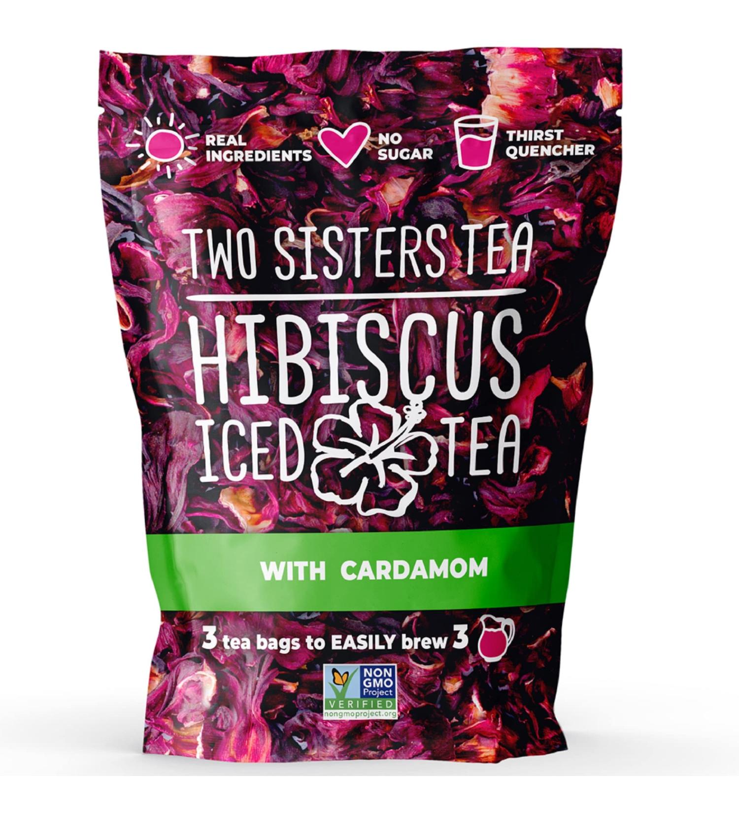 Two Sisters Hibiscus Family Size Tea Bags - Cardamom Hibiscus Iced Tea Mix | Caffeine-Free & Non-GMO Herbal Tea | 3 Large Pouches of Red Hibiscus Iced Tea Cardamom - 1 Pack - Buy Online on GoSupps.com