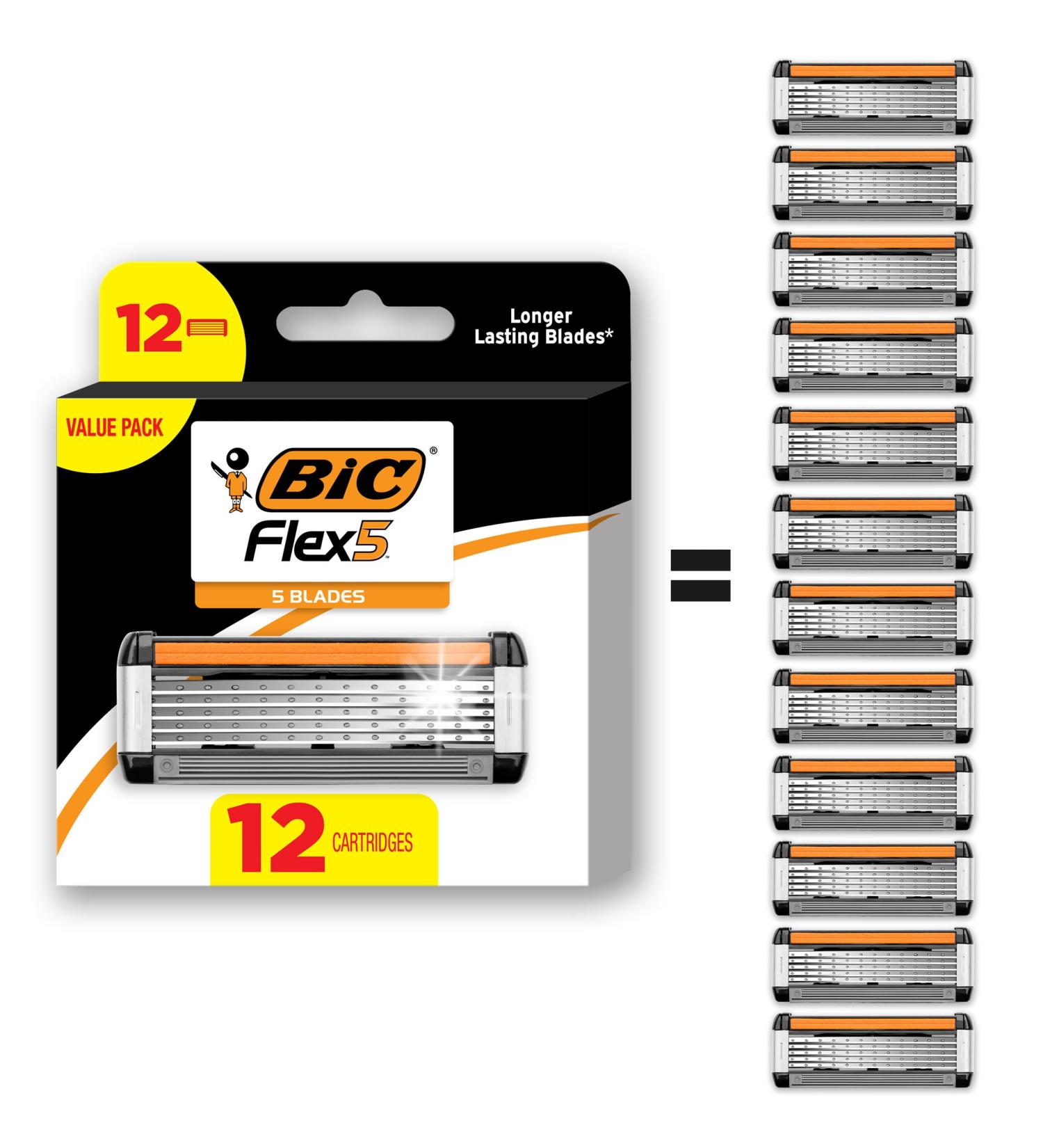 BIC Flex 5 Refill Cartridges for Men - 12 Long Blade Razors for Smooth Comfortable Shaving - Buy Online on GoSupps.com