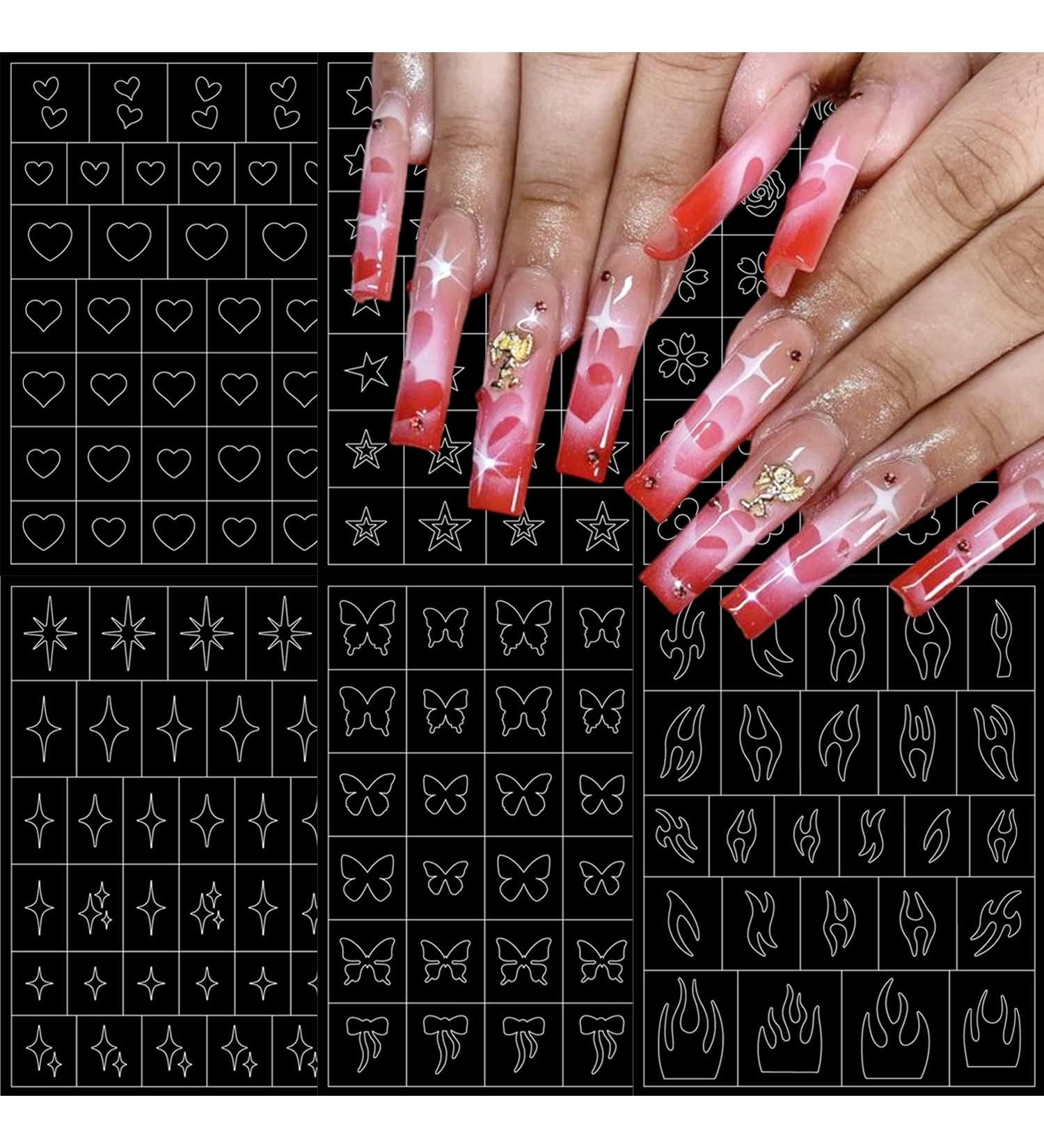 6 Sheets Airbrush Stencils Nail Stickers - Heart Butterfly Flowers & Flame Designs for DIY Manicure - Nail Art Decals & French Tip Guides - Buy Online on GoSupps.com