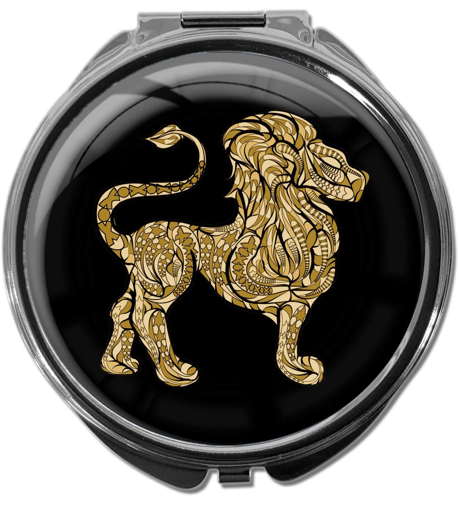 Round Metal Pill Box with Mirror - 3 Compartments Zodiac Sign Lion in Gold #1215 | International Shipping Available - Buy Online on GoSupps.com