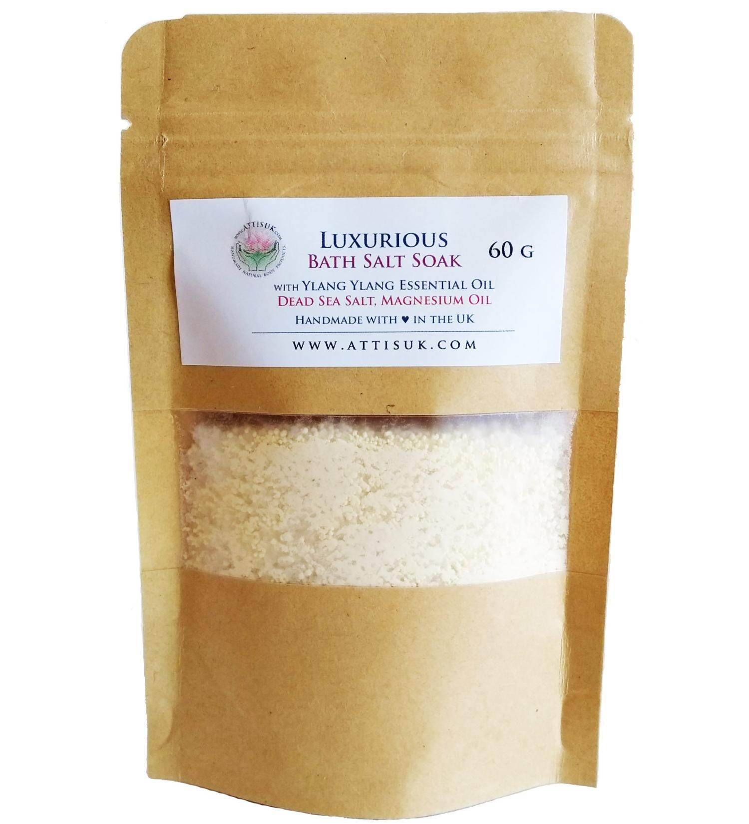 ATTIS Luxurious Bath Salt Soak with Ylang Ylang Essential Oil Magnesium Oil Dead Sea Salt | Vegan | Hand Made | Relaxing | Refreshing | Calming | Rejuvenating (2.11 oz) 2.11 Ounce