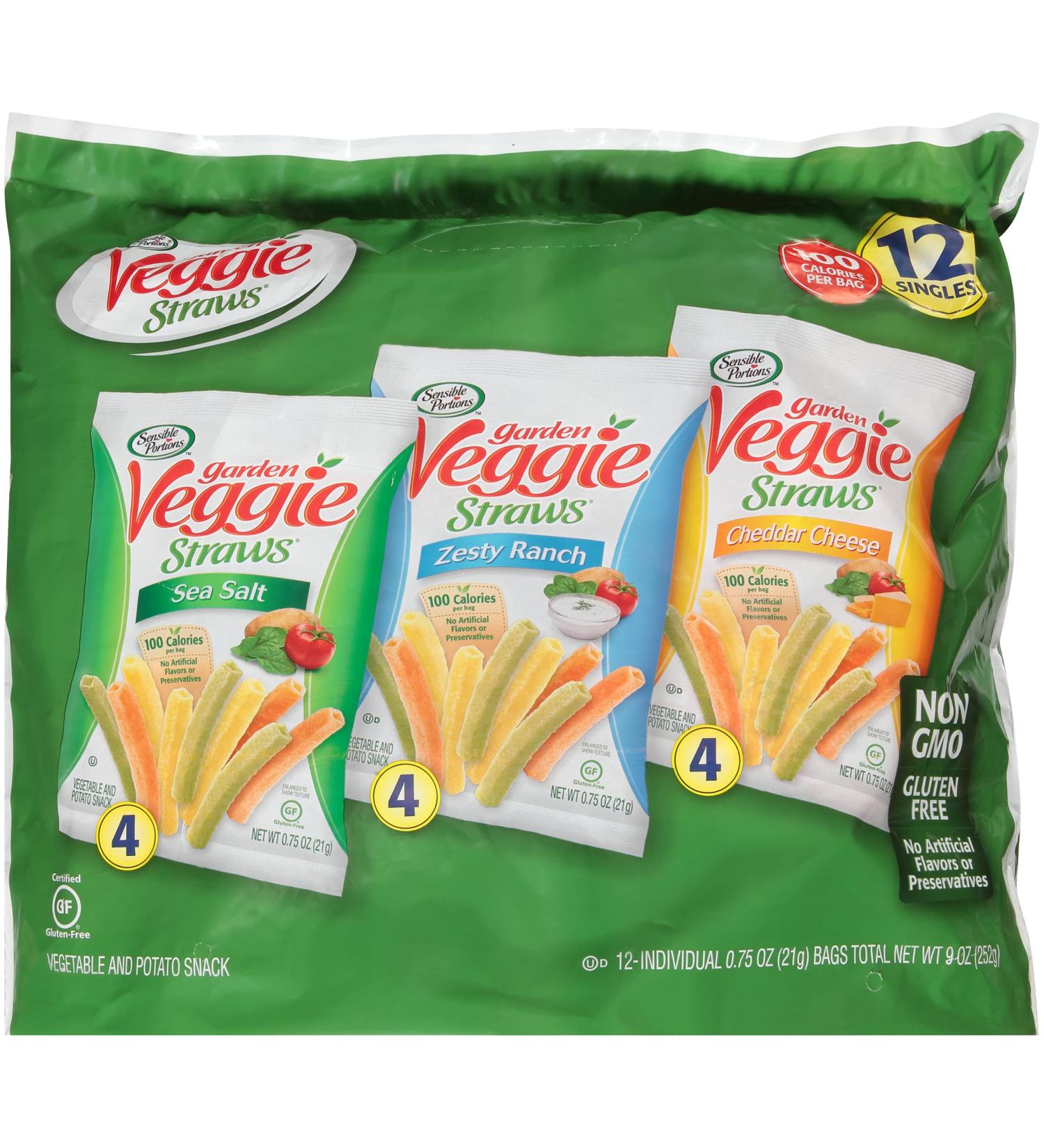 Sensible Portions Veggie Straws Variety Pack - Sea Salt, Zesty Ranch, Cheddar Cheese - 0.75 Oz (12 Pack) - Buy Online on GoSupps.com