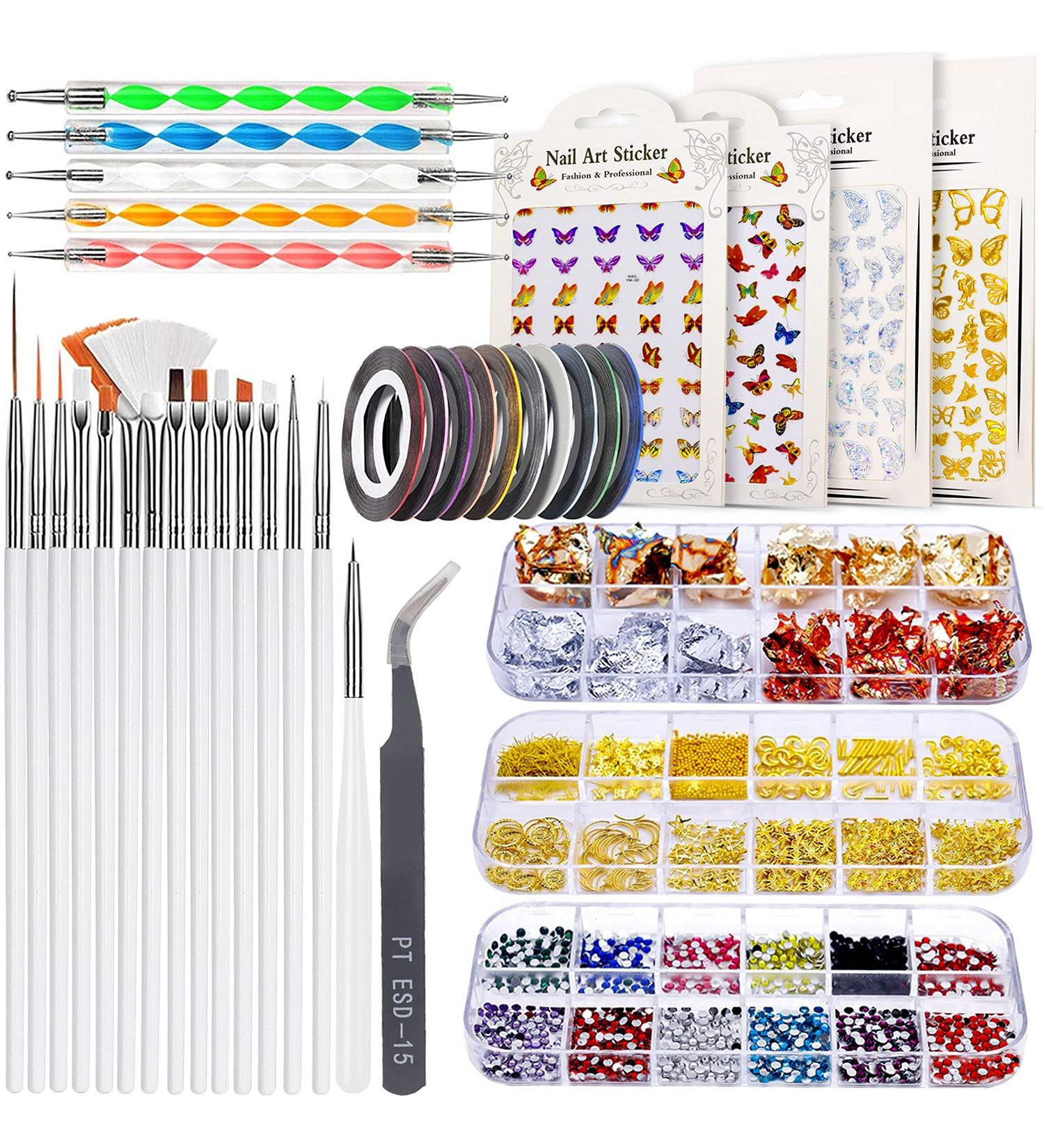 JOYJULY Nail Art Kit for Beginners - 28 Piece Set with Brushes, Dotting Tools, Stickers, Foil Tape, Rhinestones, and Tweezers in White - Buy Online on GoSupps.com
