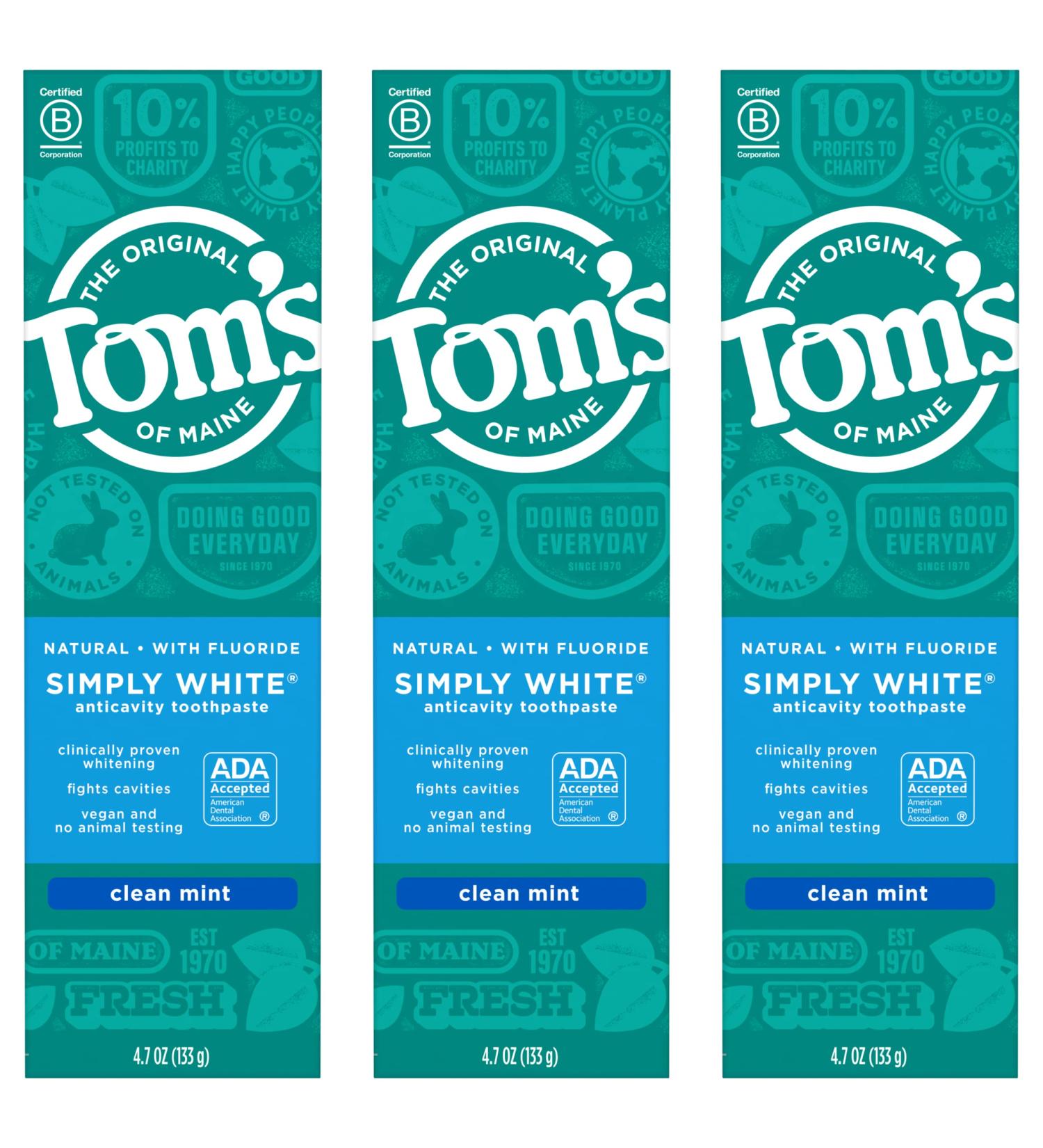 Tom's Of Maine Simply White Clean Mint Toothpaste 4.7 oz, 3-Pack - Packaging May Vary | Mint 3 Count (Pack of 1) - Buy Online on GoSupps.com