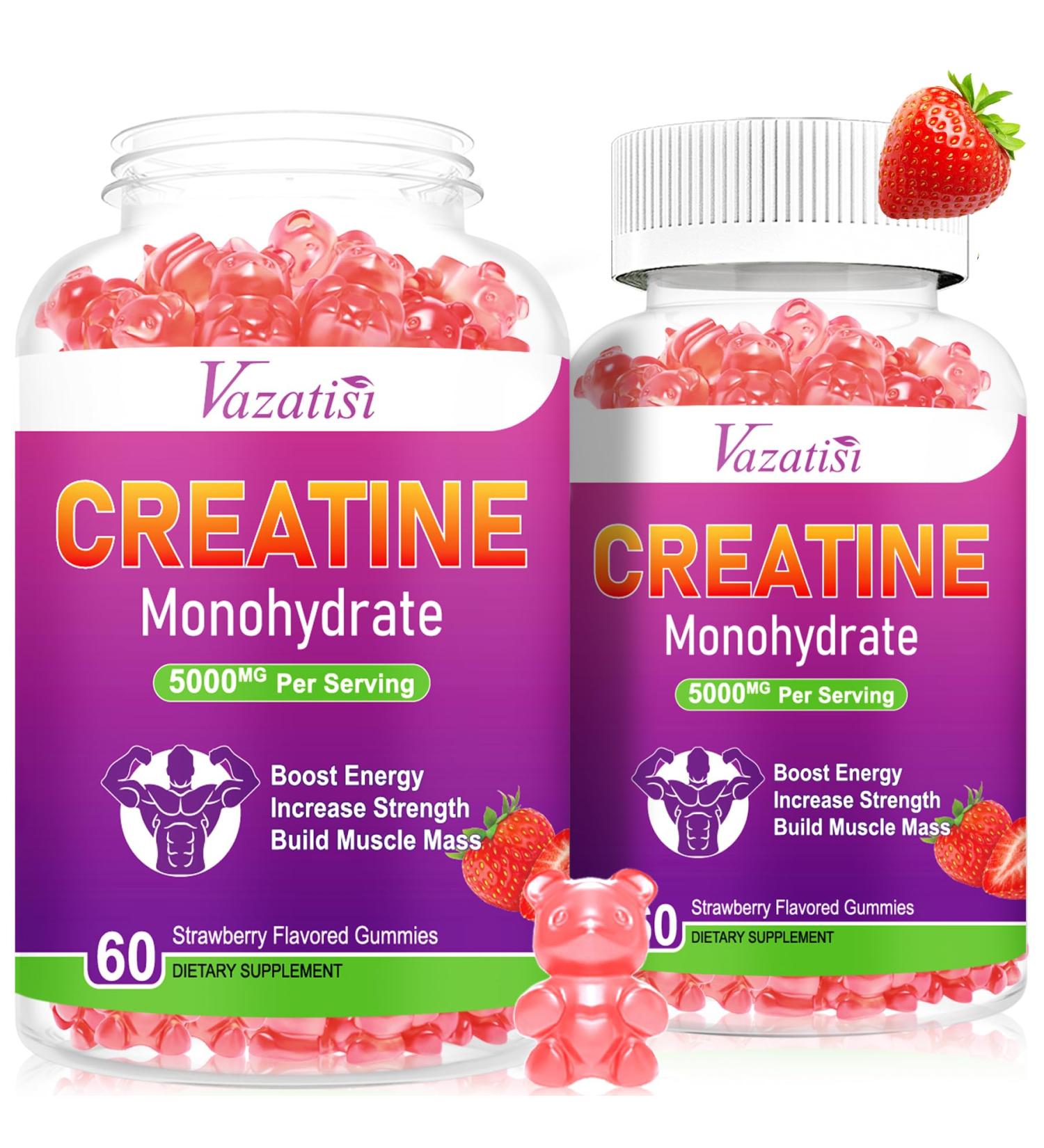 2 Pack Sugar-Free Vegan Creatine Monohydrate Gummies - 5g for Energy & Muscle Build Natural Strawberry Flavor 120 Count - Buy Online on GoSupps.com