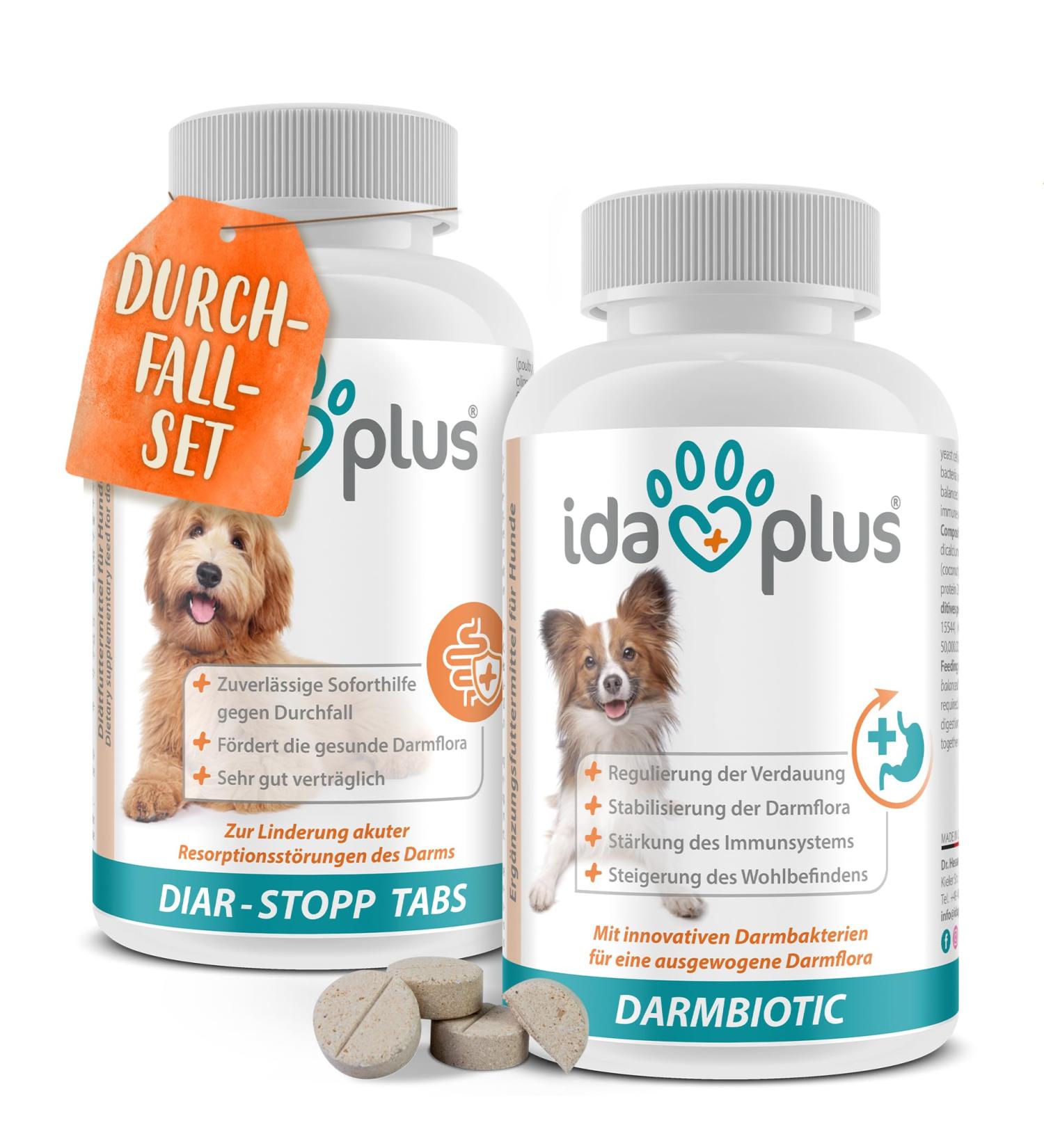 Ida Plus Diarrhea Set for Dogs - Diar Stop Tabs & Darmbiotic Chewing Tablets for Diarrhea Relief & Probiotic Support | 2x180g - Buy Online on GoSupps.com